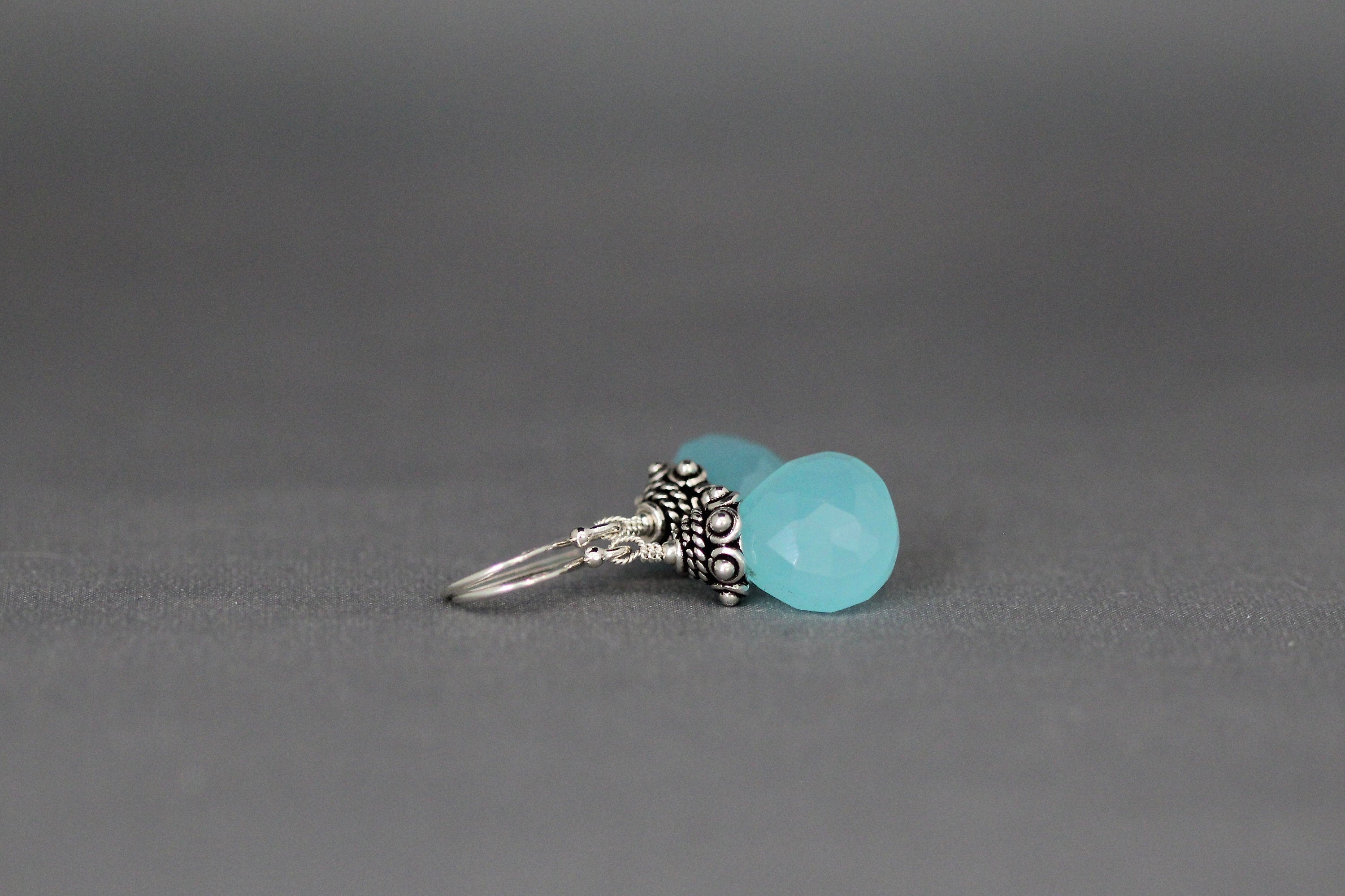 Aqua Chalcedony Teardrop Dangle Earrings with Bali Silver Caps