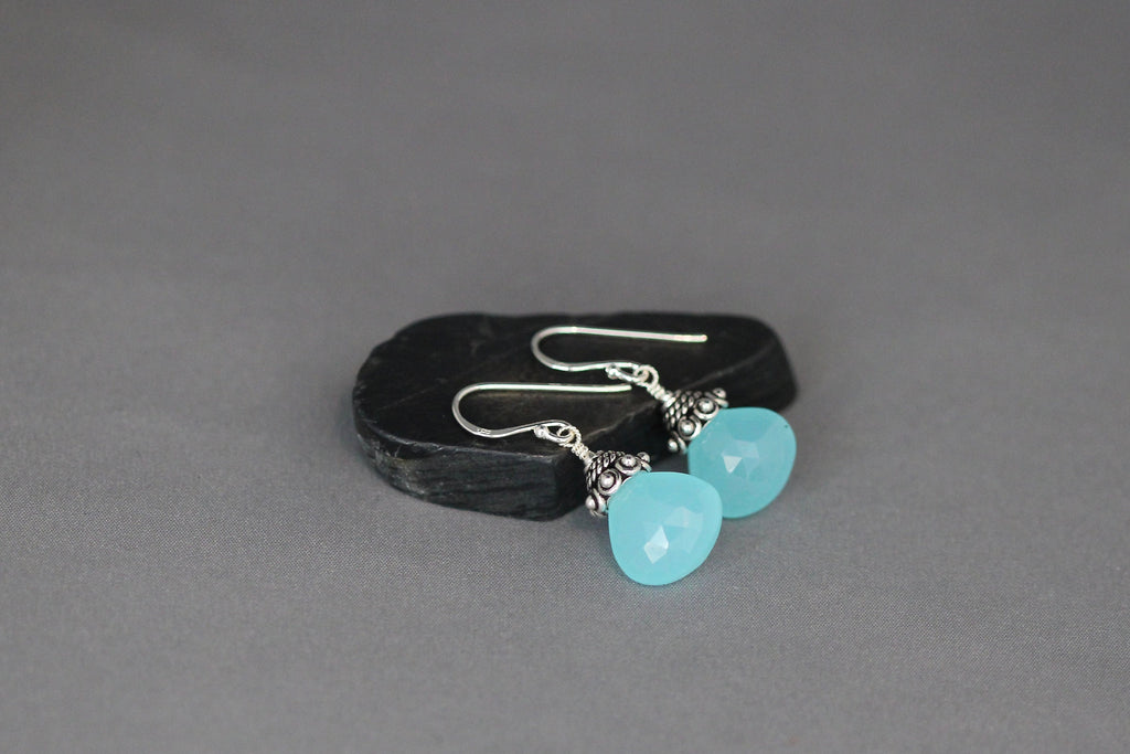 Aqua Chalcedony Teardrop Dangle Earrings with Bali Silver Caps