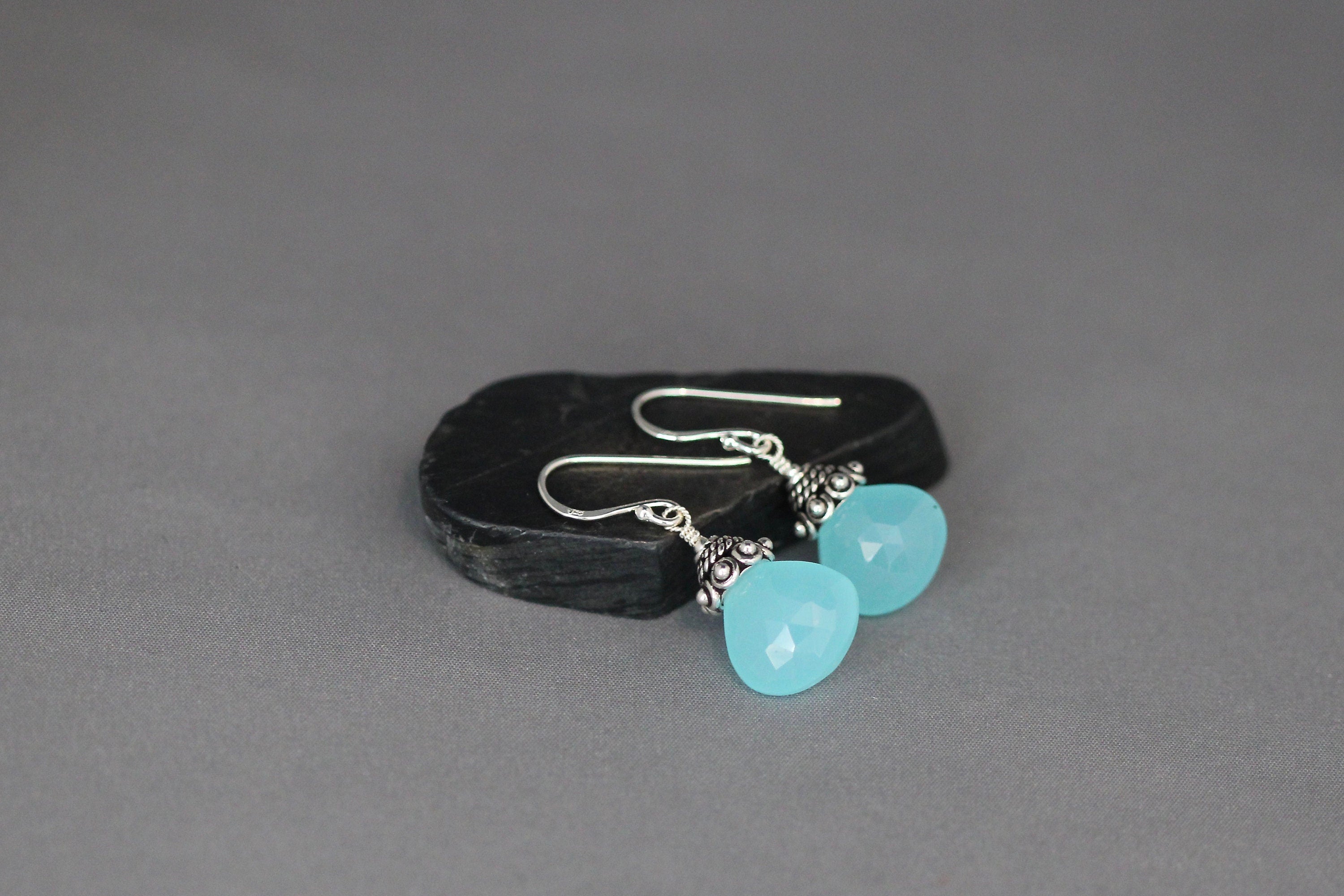 Aqua Chalcedony Teardrop Dangle Earrings with Bali Silver Caps