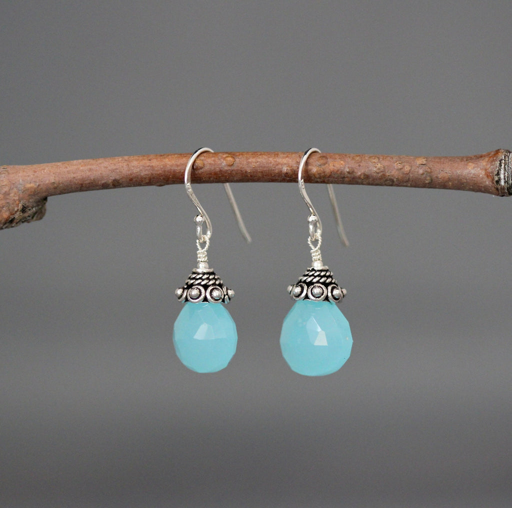 Aqua Chalcedony Teardrop Dangle Earrings with Bali Silver Caps