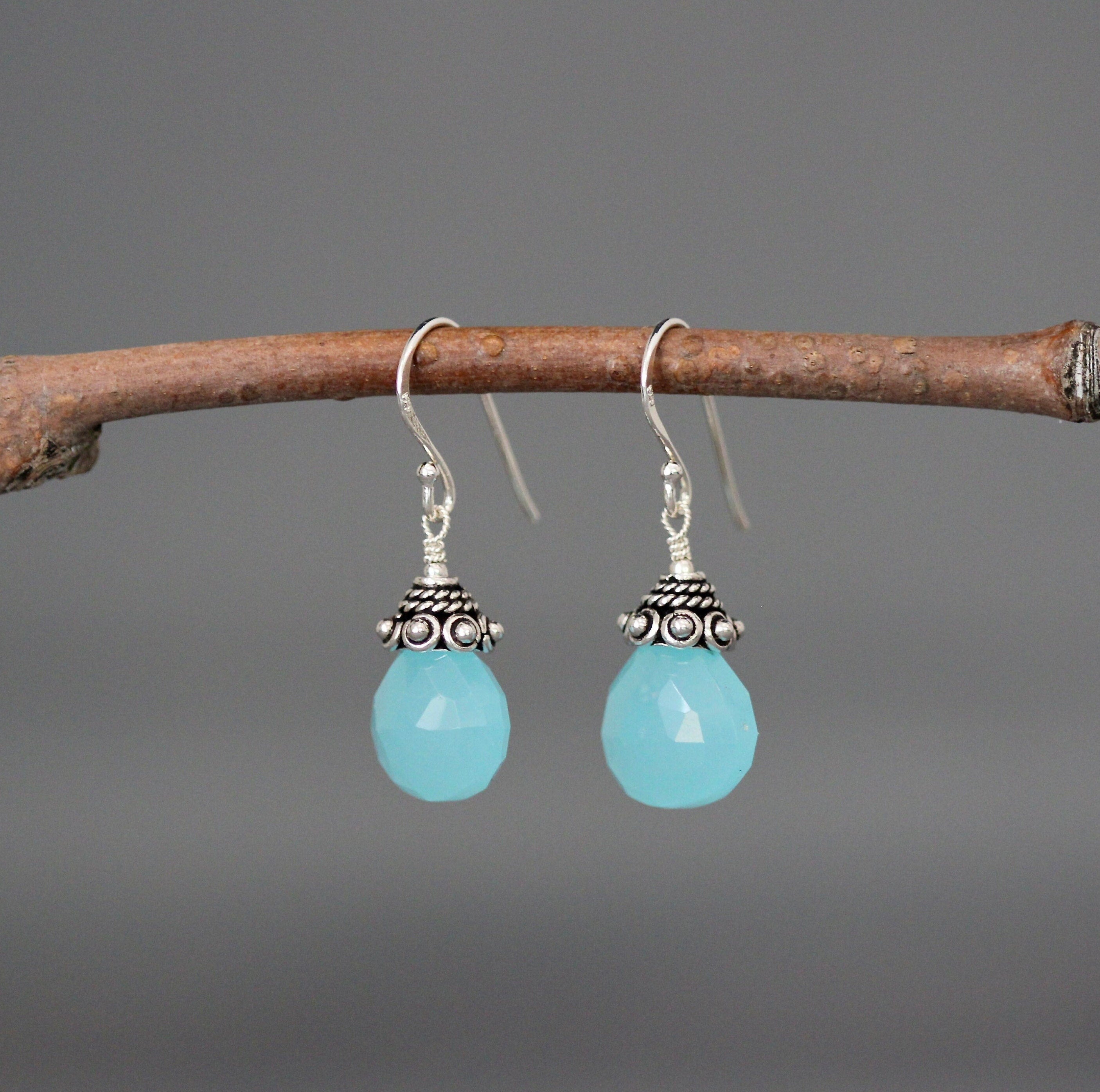 Aqua Chalcedony Teardrop Dangle Earrings with Bali Silver Caps