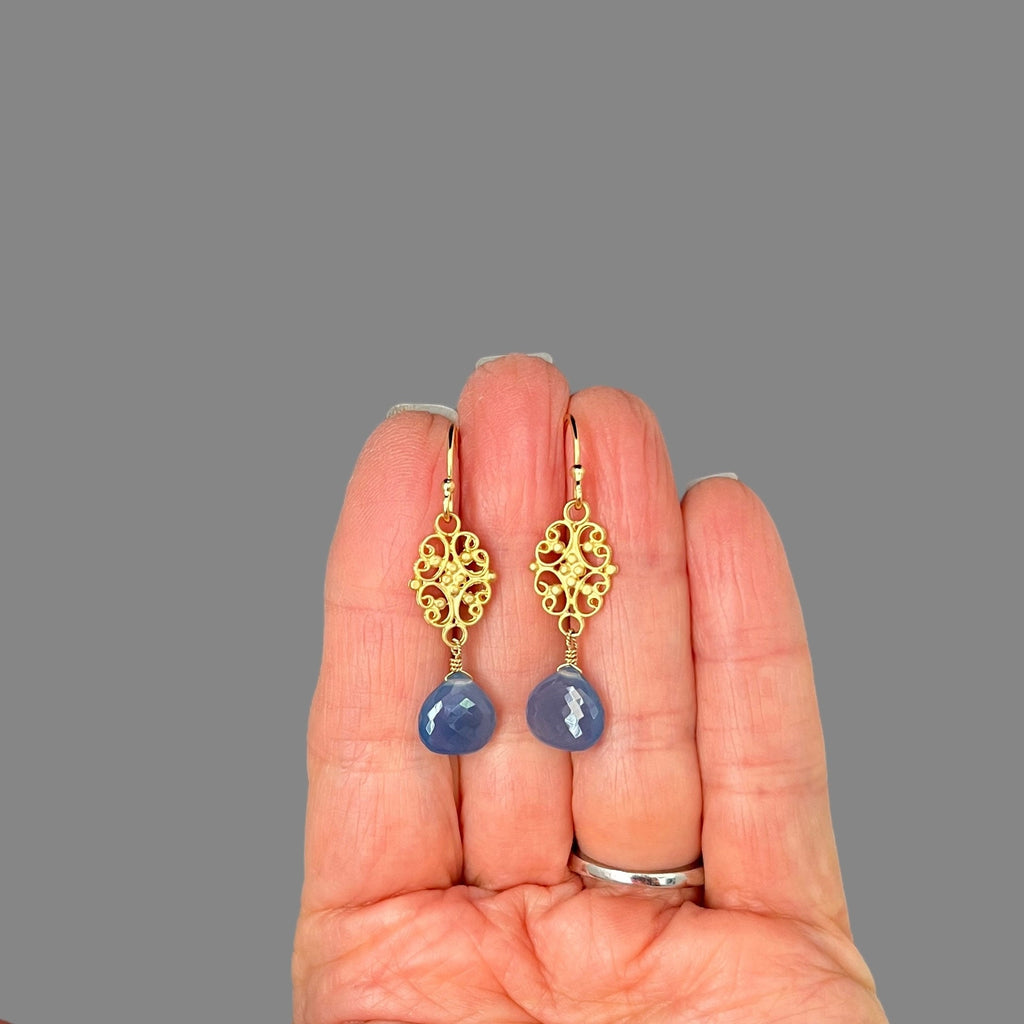 Blue Chalcedony Teardrop and Gold Vermeil Filigree Link Dangle Earrings