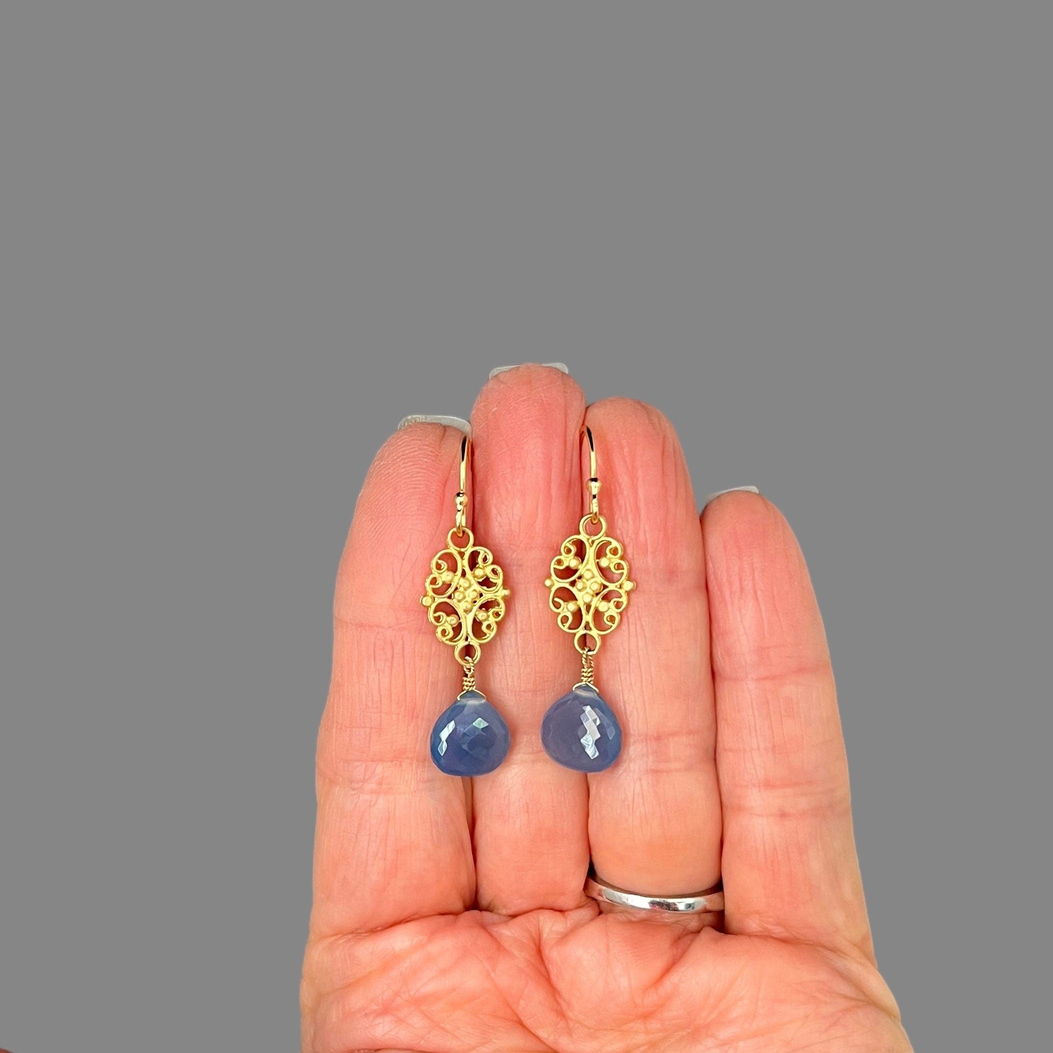 Blue Chalcedony Teardrop and Gold Vermeil Filigree Link Dangle Earrings
