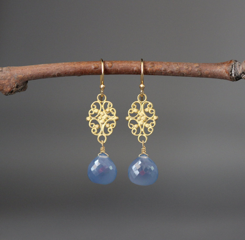 Blue Chalcedony Teardrop and Gold Vermeil Filigree Link Dangle Earrings