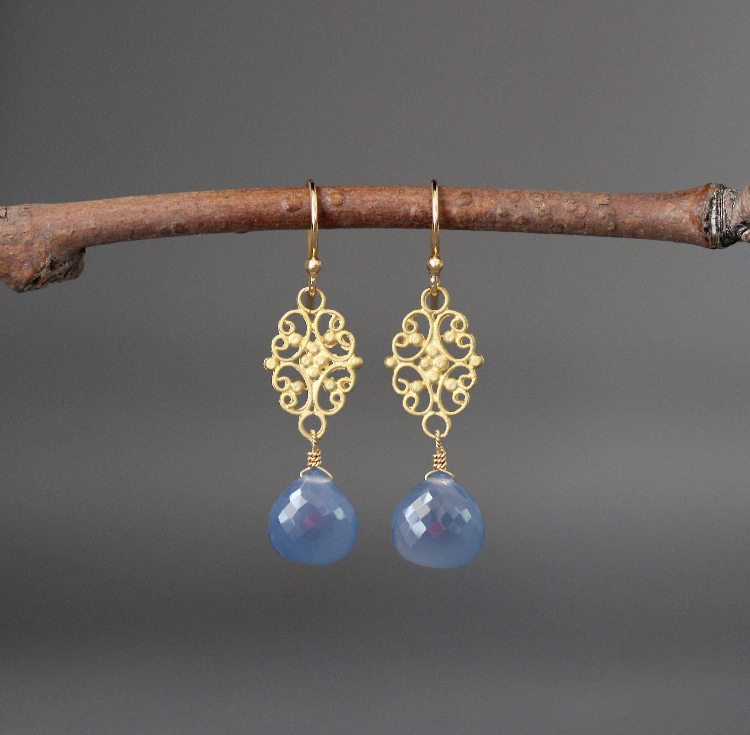 Blue Chalcedony Teardrop and Gold Vermeil Filigree Link Dangle Earrings