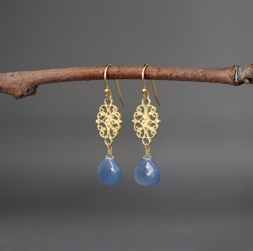 Blue Chalcedony Teardrop and Gold Vermeil Filigree Link Dangle Earrings