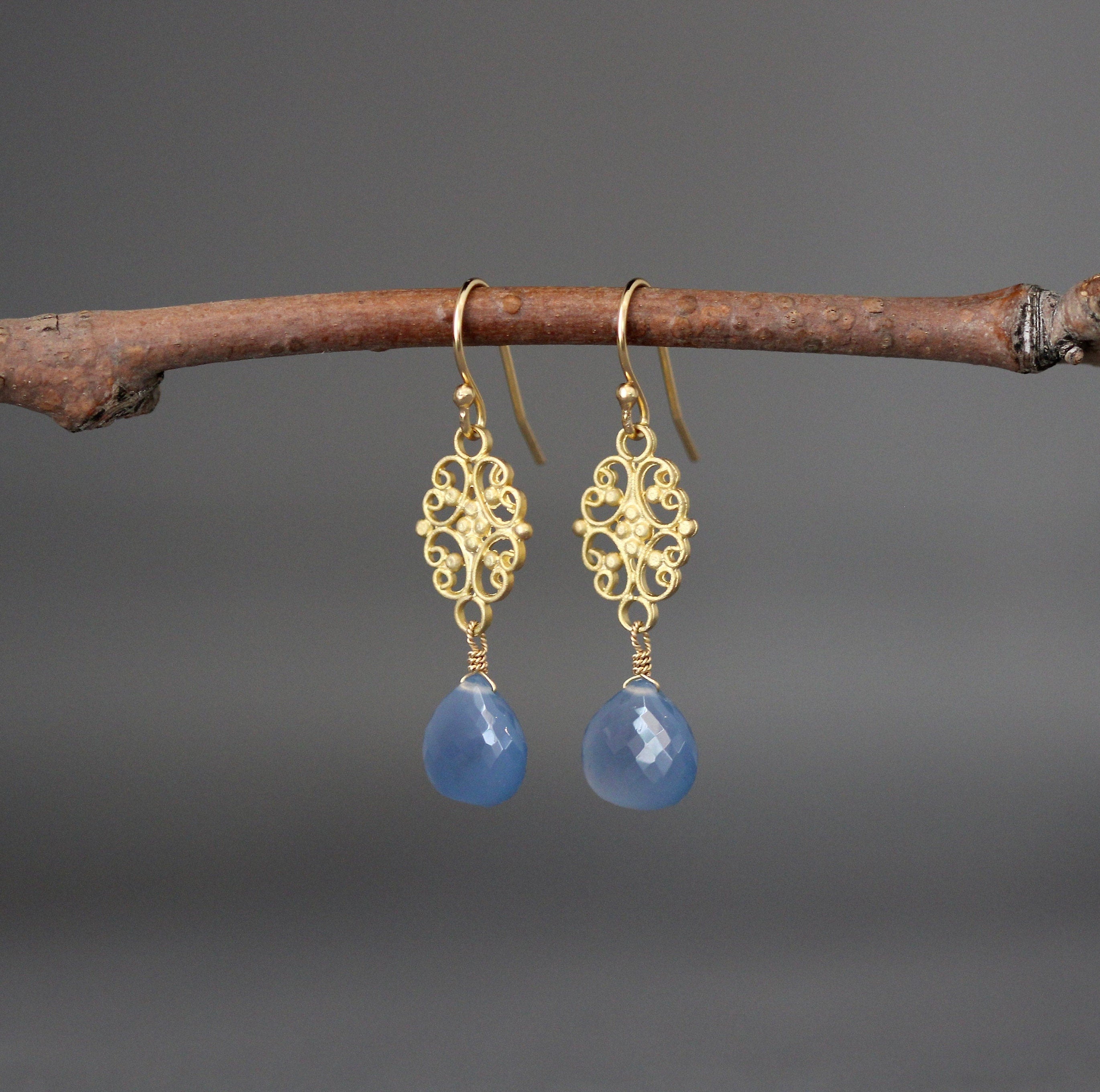 Blue Chalcedony Teardrop and Gold Vermeil Filigree Link Dangle Earrings