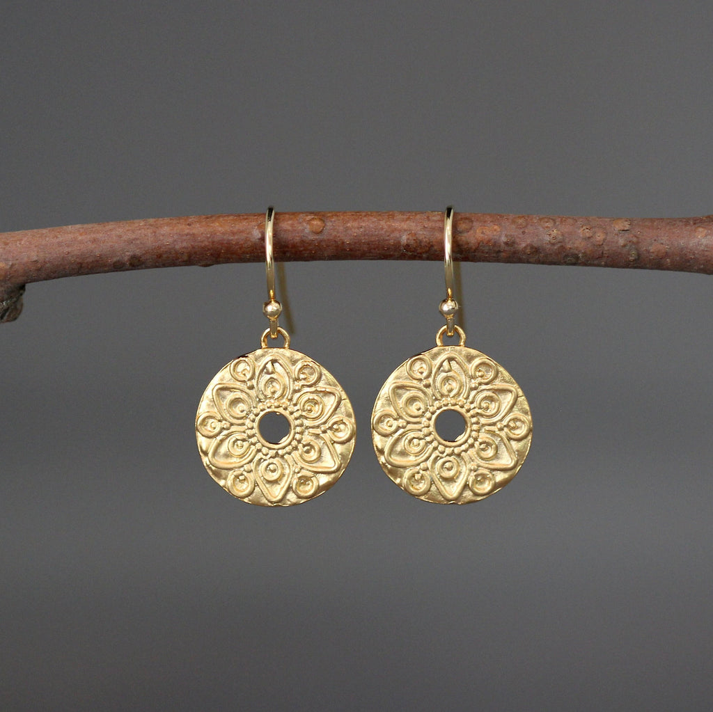 Gold Vermeil Mandala Coin Charm Earrings