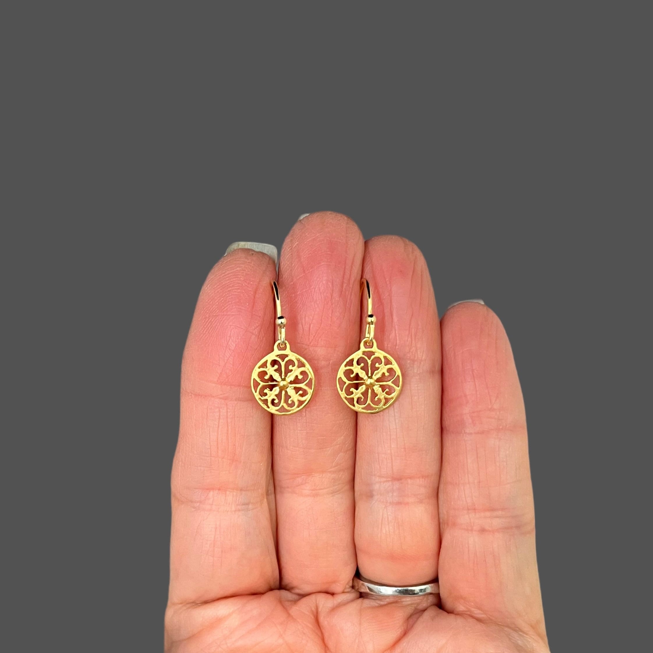 Small Round Matte Gold Vermeil Filigree Dangle Earrings