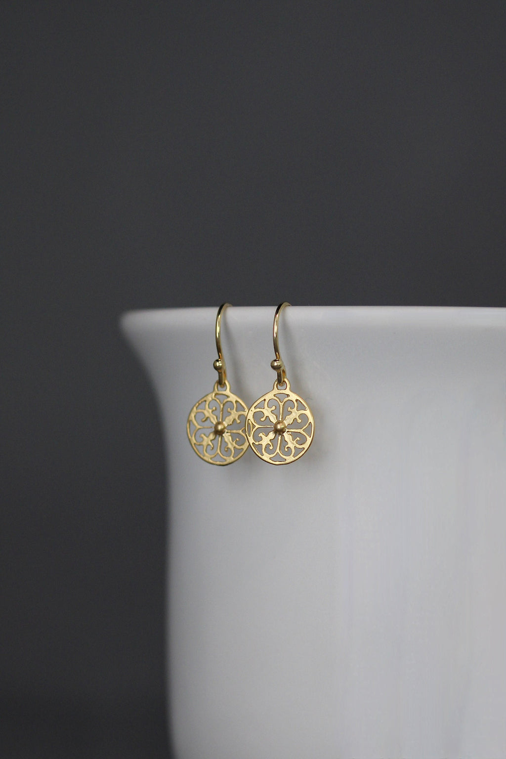 Small Round Matte Gold Vermeil Filigree Dangle Earrings