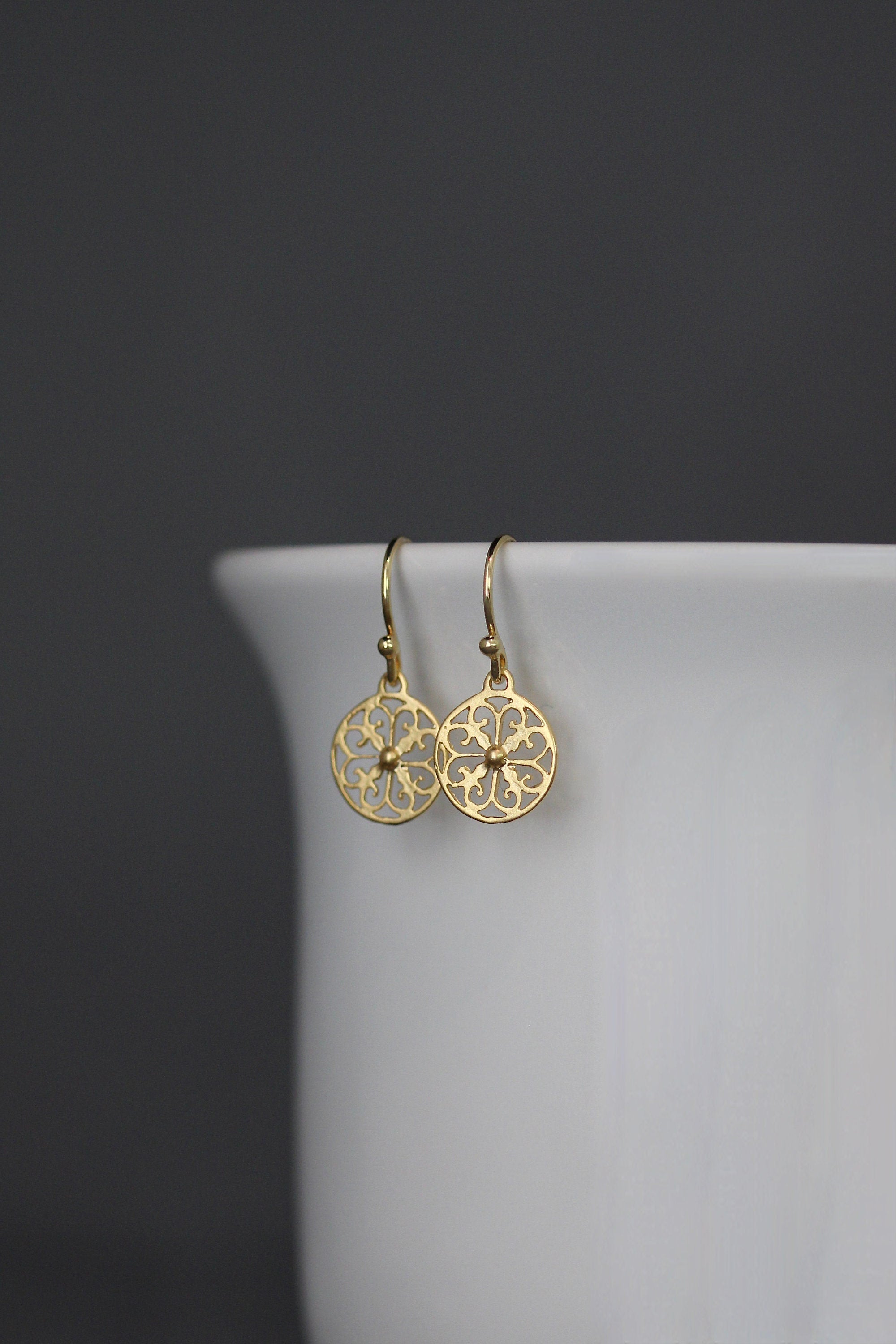 Small Round Matte Gold Vermeil Filigree Dangle Earrings