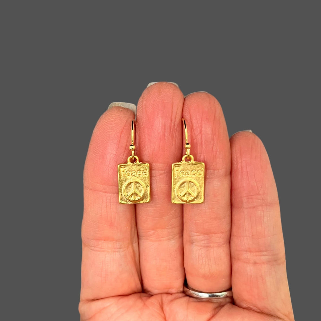 Gold Vermeil Peace Sign Rectangle Charm Dangle Earrings