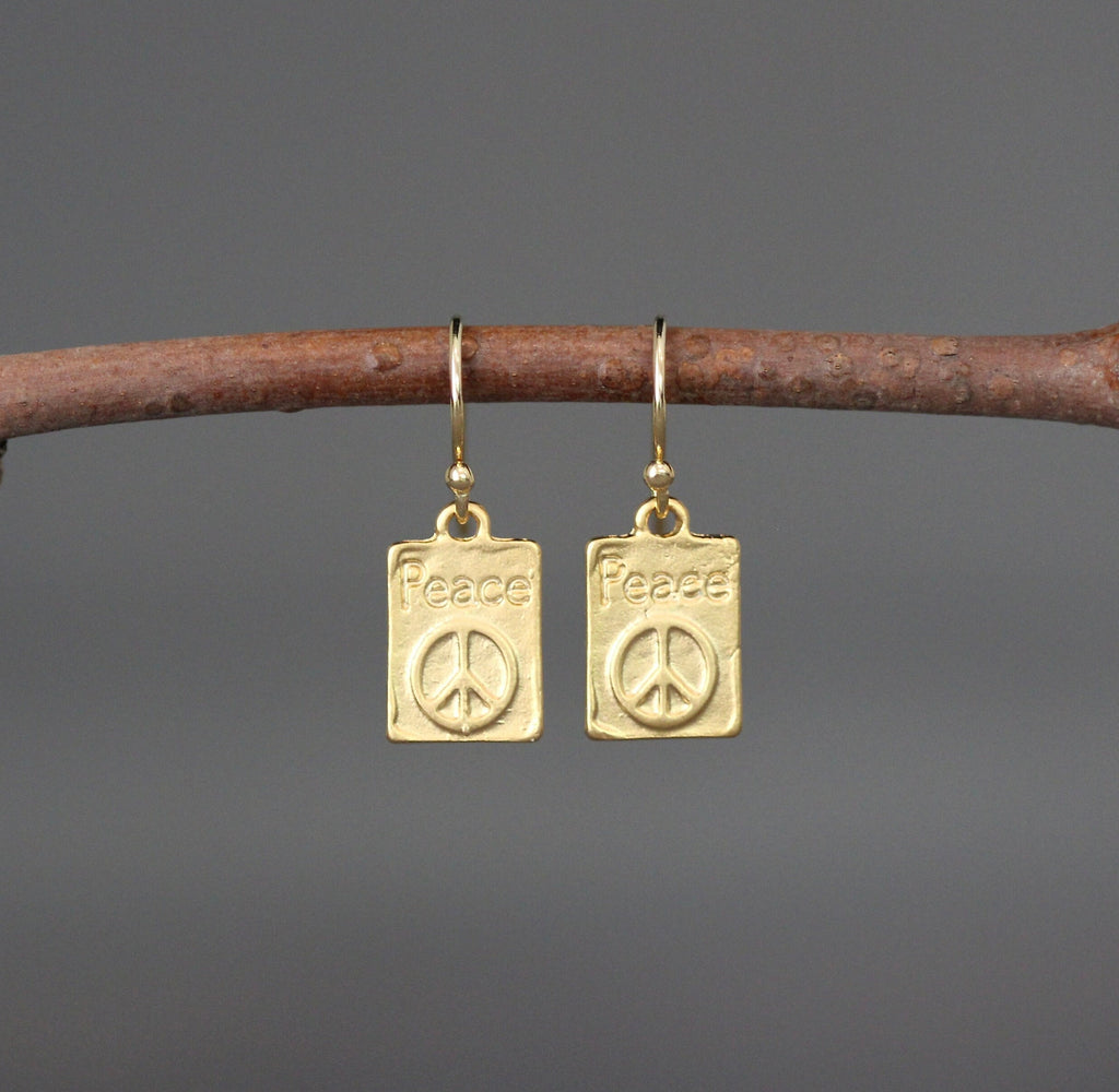 Gold Vermeil Peace Sign Rectangle Charm Dangle Earrings