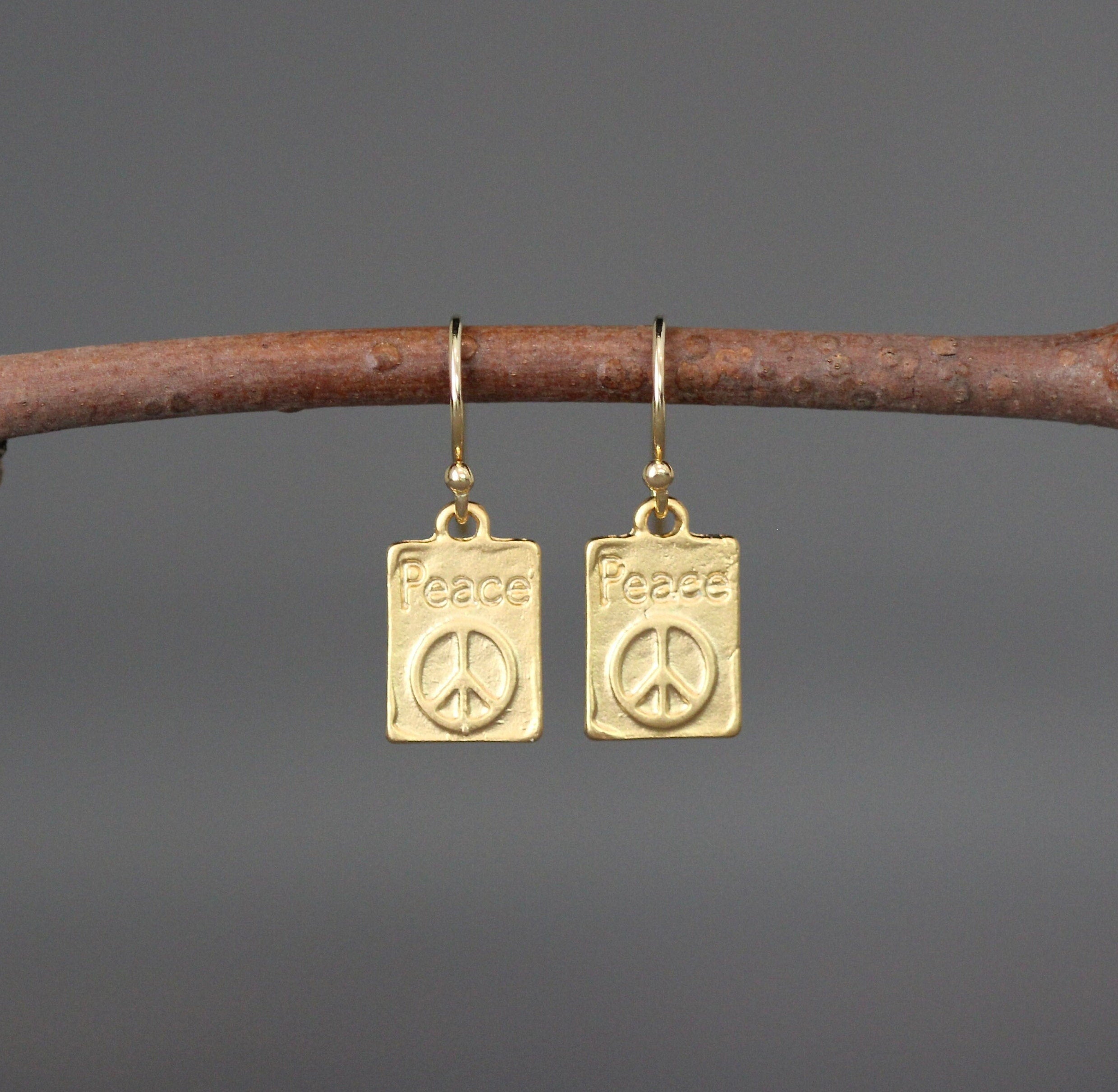 Gold Vermeil Peace Sign Rectangle Charm Dangle Earrings