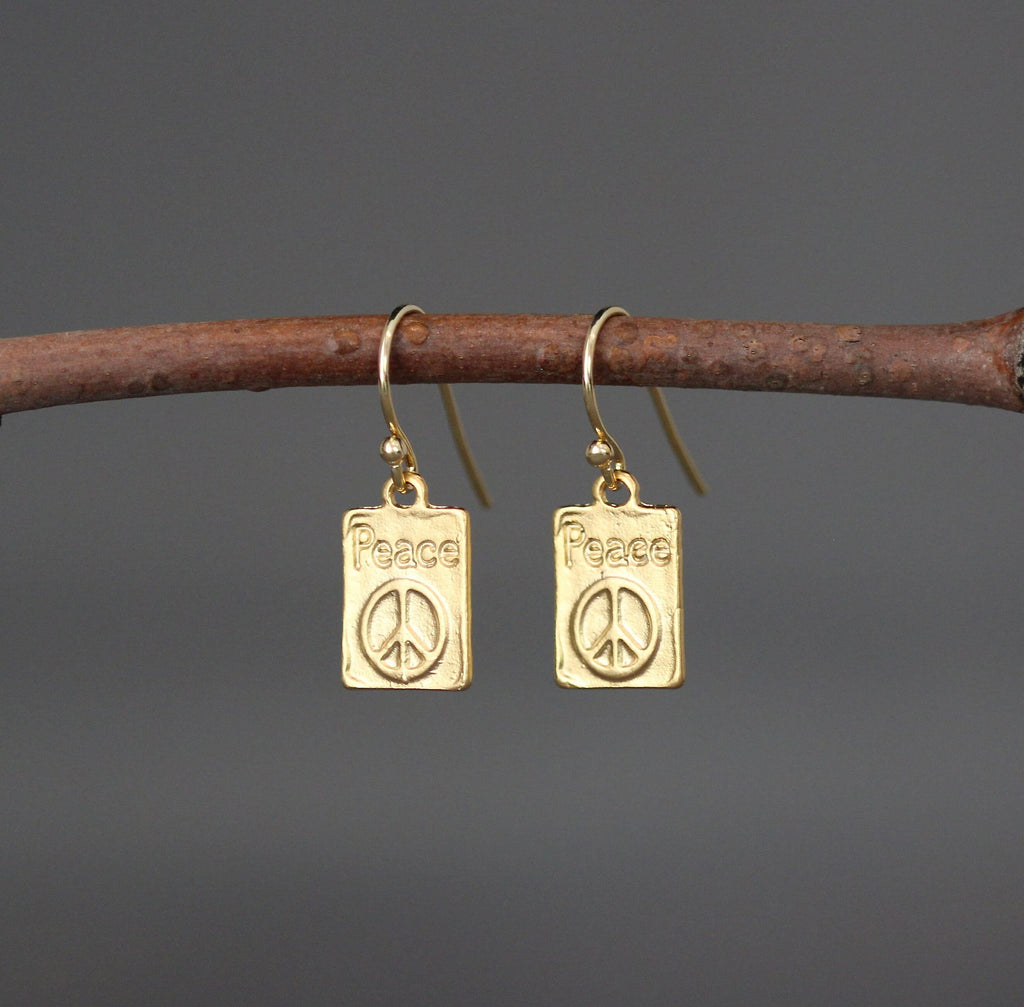 Gold Vermeil Peace Sign Rectangle Charm Dangle Earrings