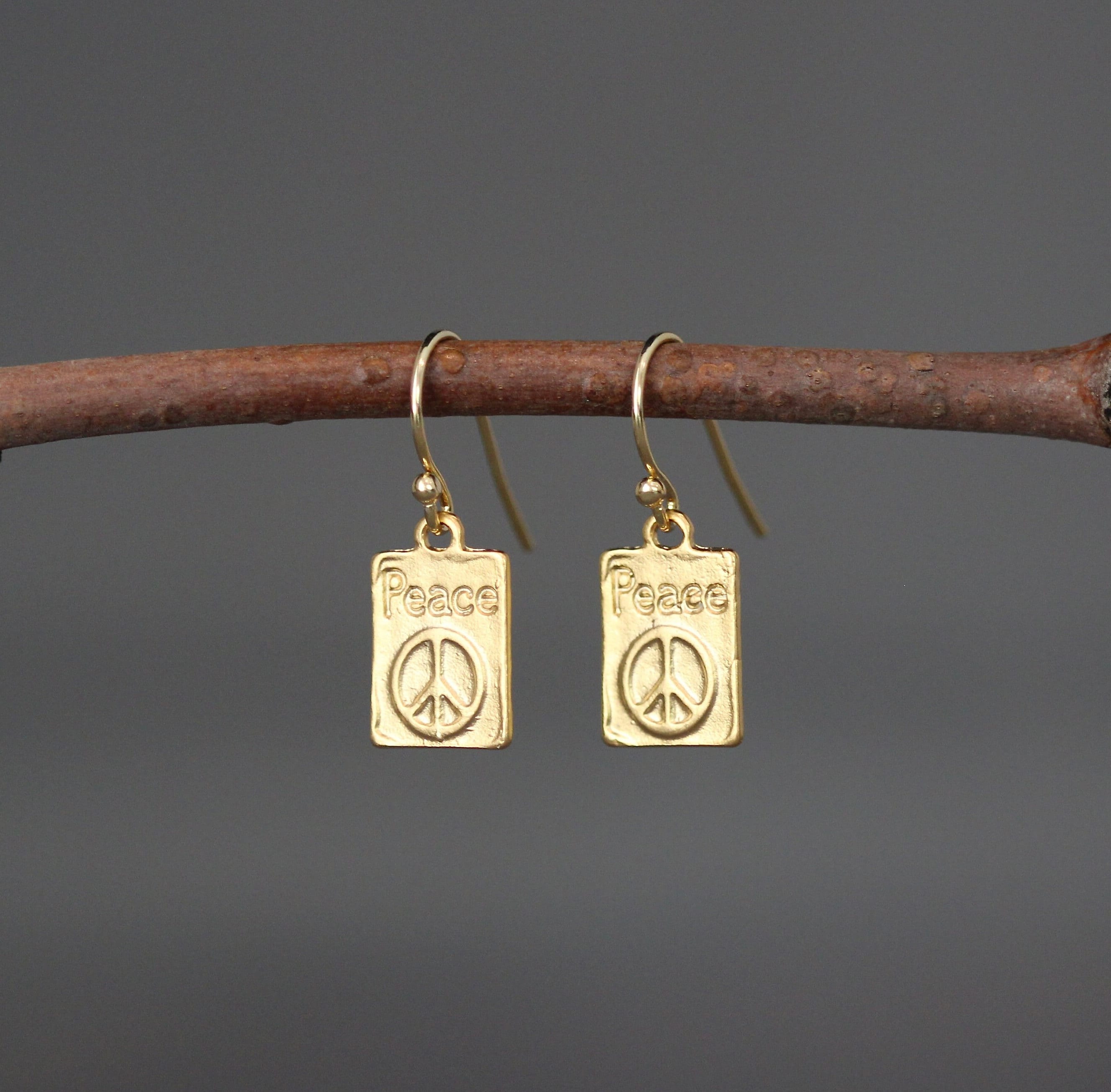 Gold Vermeil Peace Sign Rectangle Charm Dangle Earrings