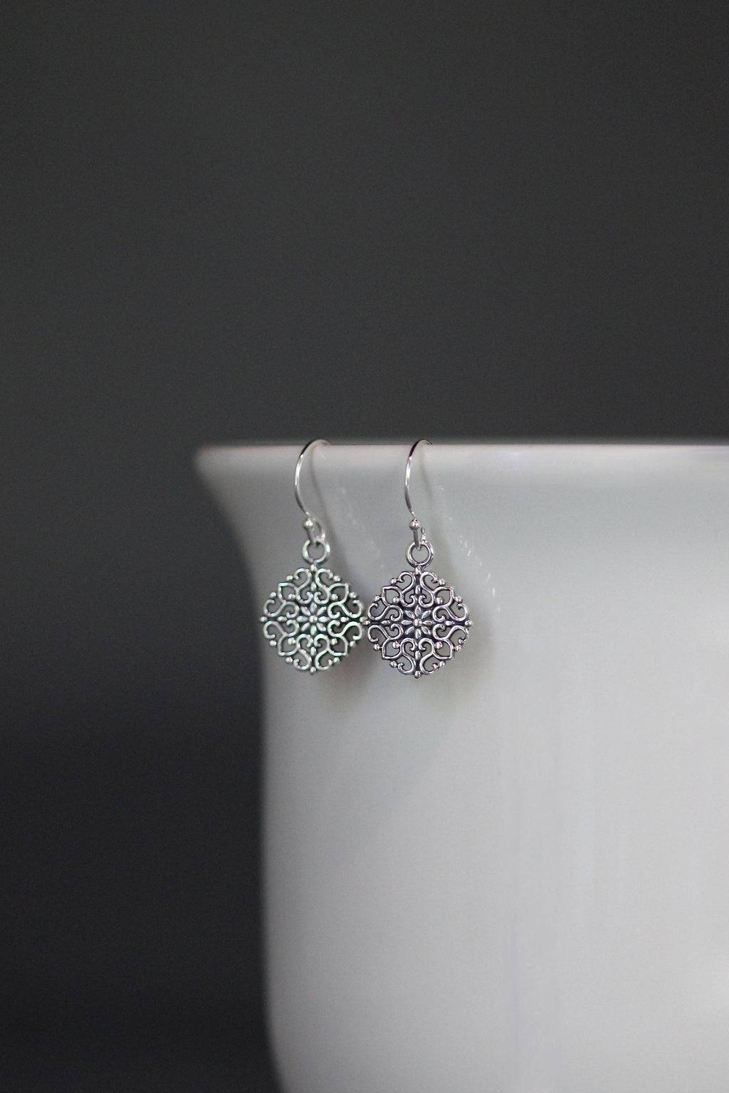 Bali Sterling Silver Filigree Floral Charm Dangle Earrings