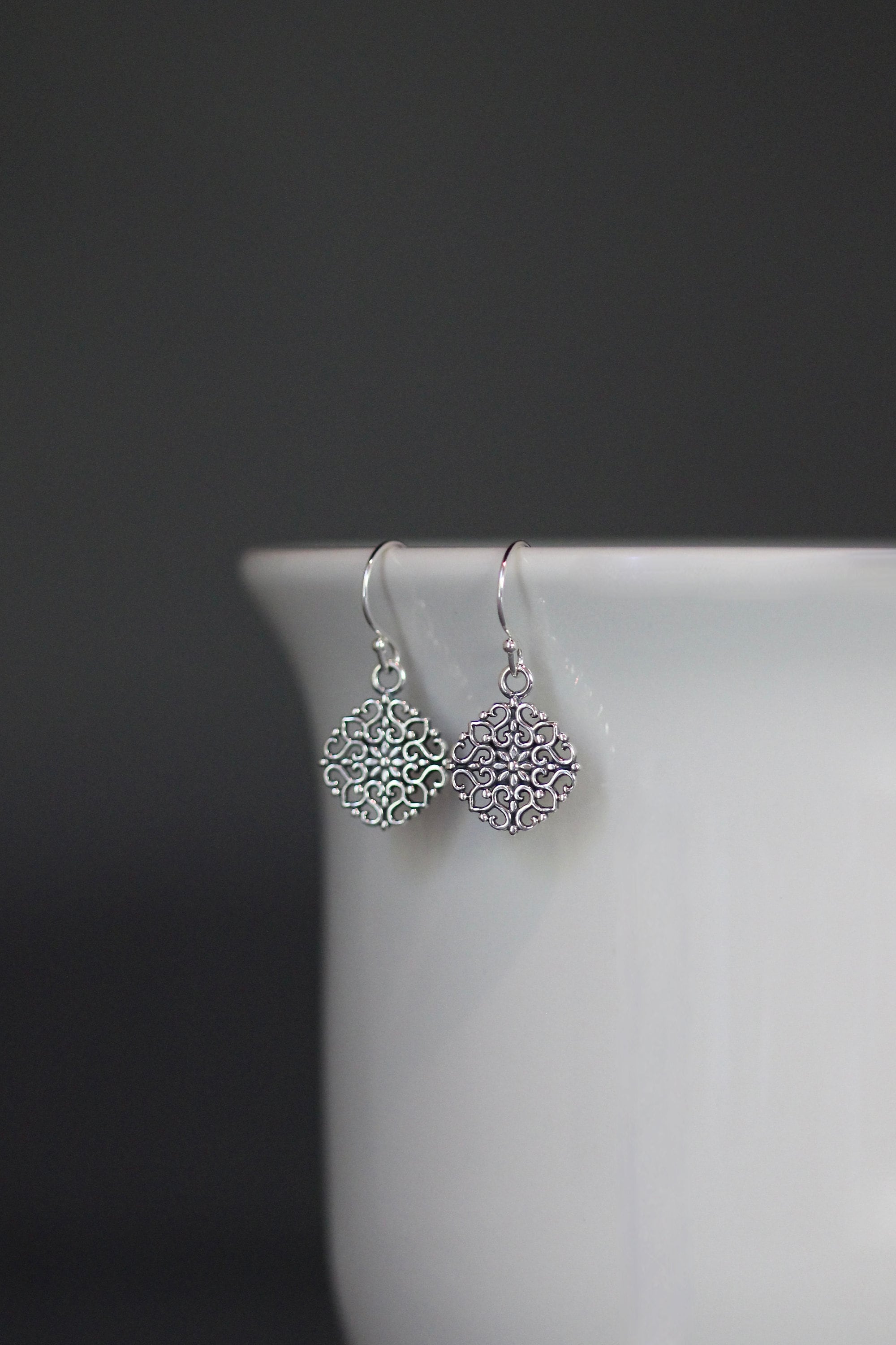 Bali Sterling Silver Filigree Floral Charm Dangle Earrings