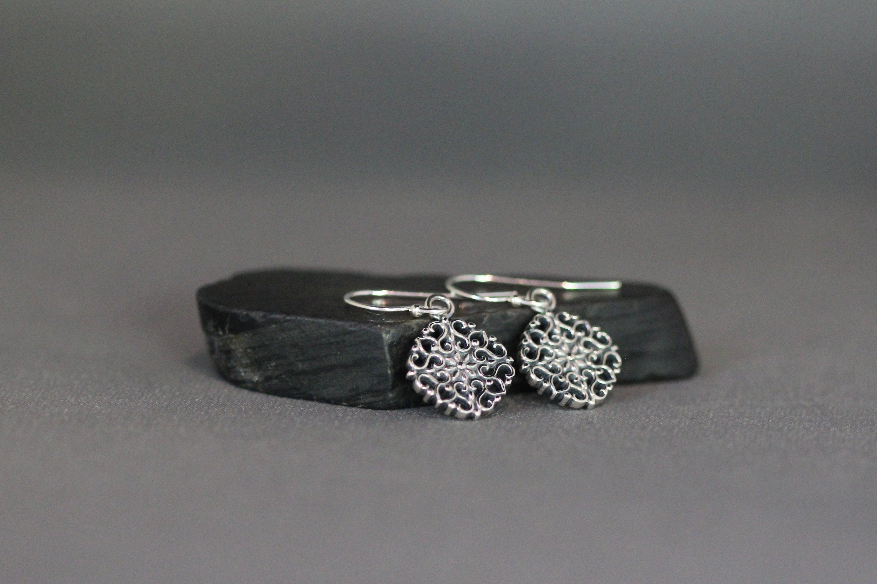 Bali Sterling Silver Filigree Floral Charm Dangle Earrings