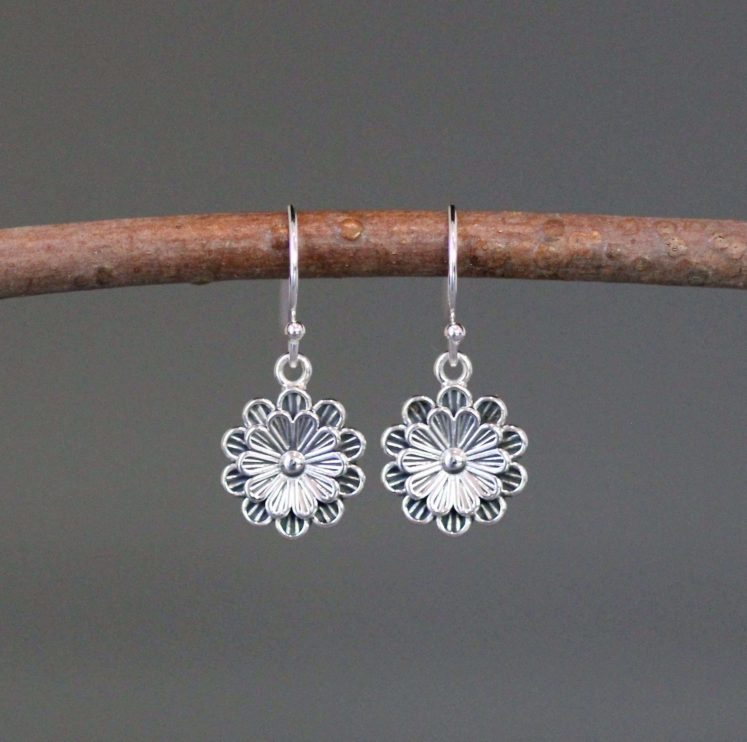 Bali Silver Flower Charm Earrings