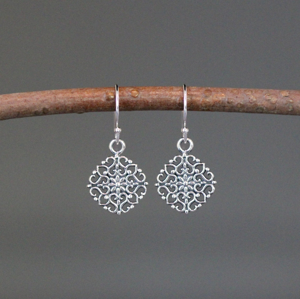 Bali Sterling Silver Filigree Floral Charm Dangle Earrings