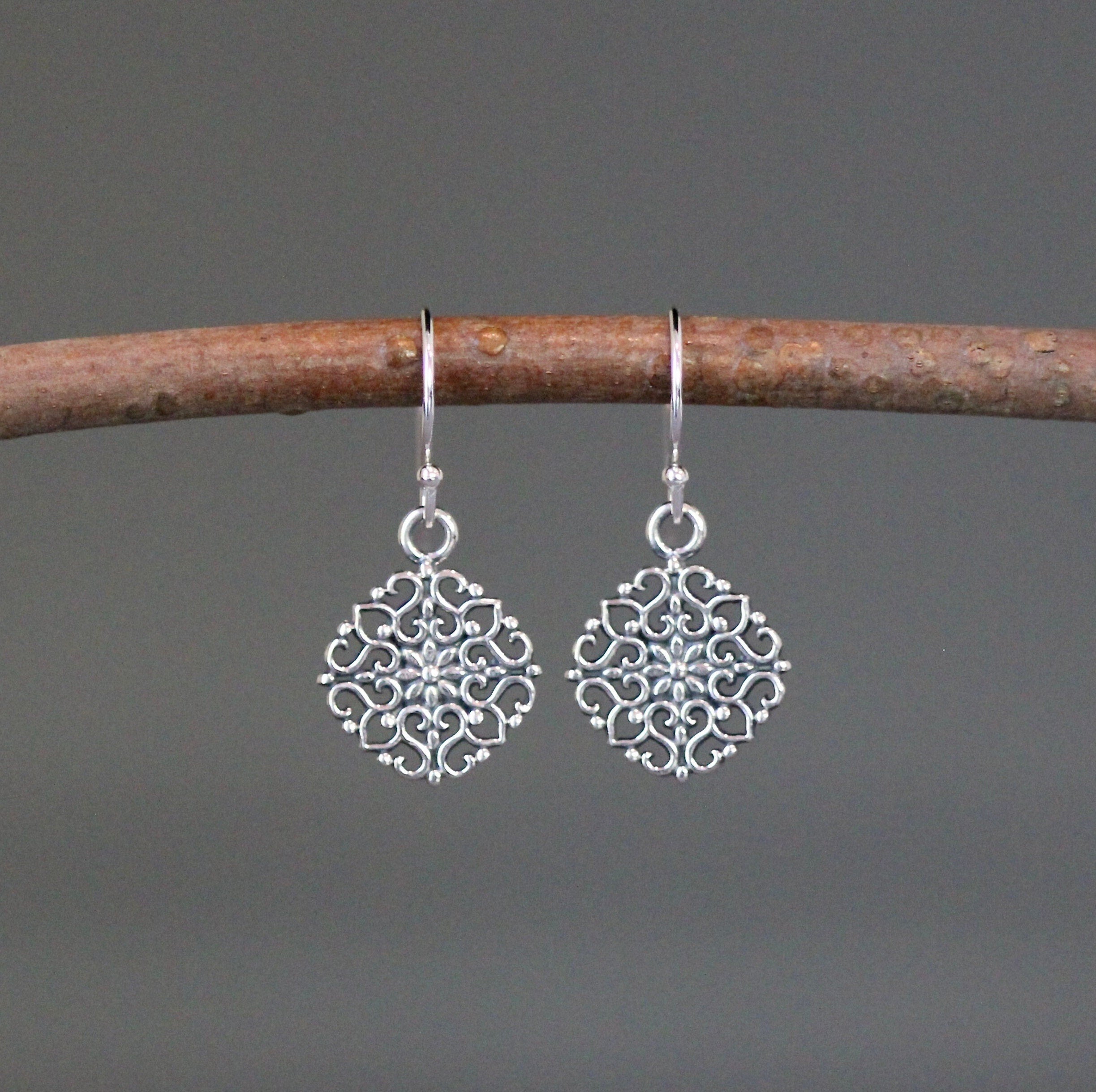 Bali Sterling Silver Filigree Floral Charm Dangle Earrings
