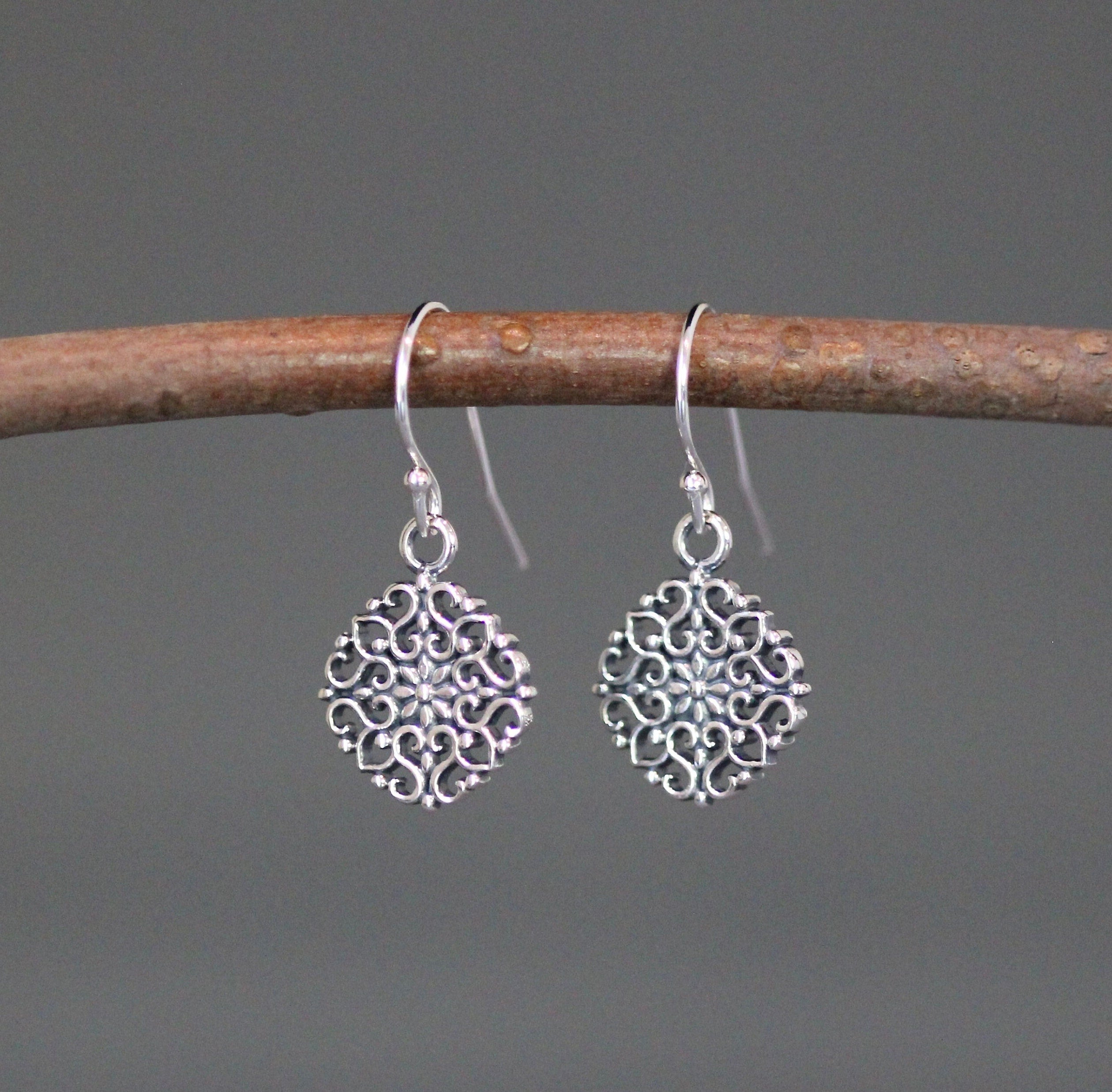 Bali Sterling Silver Filigree Floral Charm Dangle Earrings