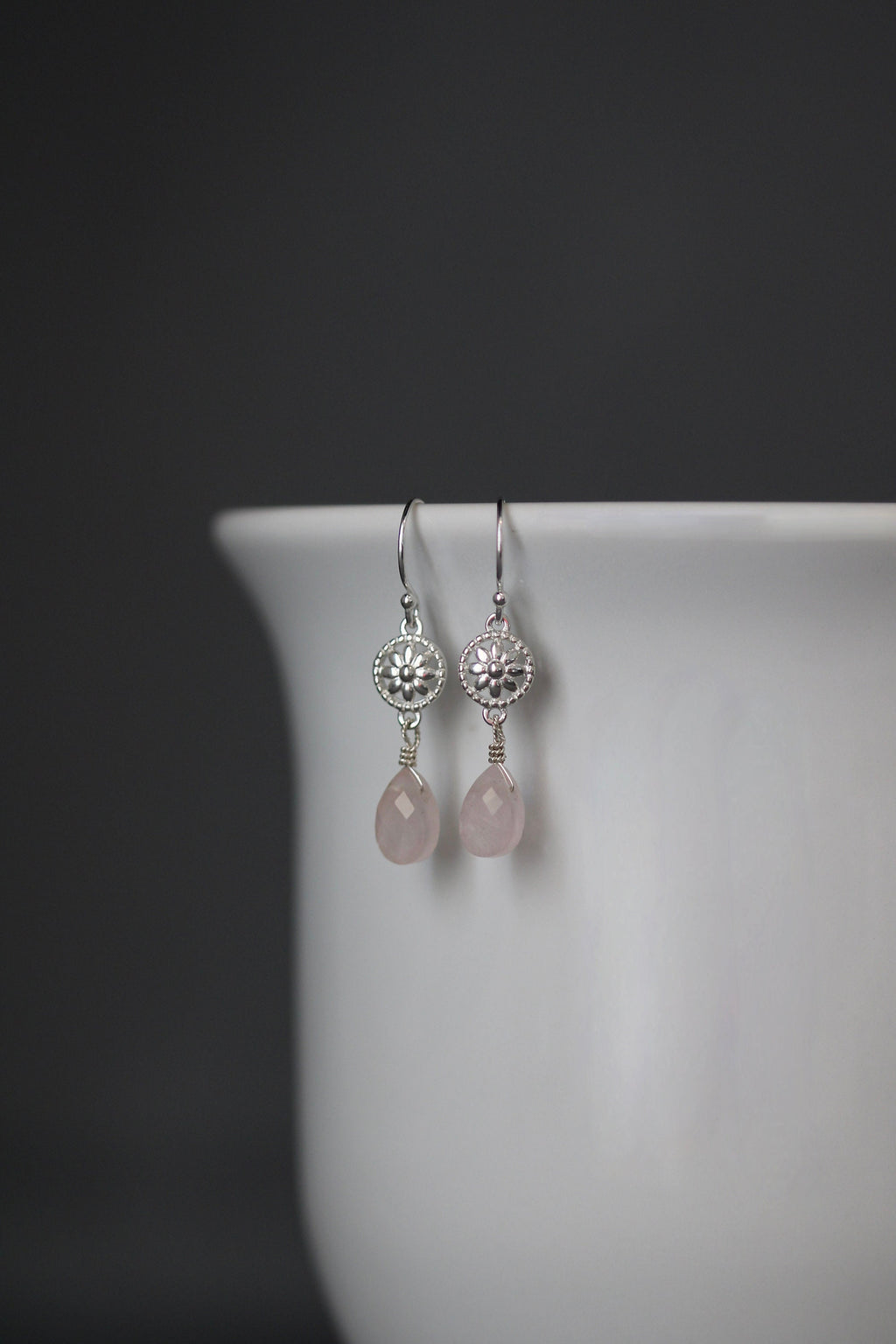 Rose Quartz Teardrop Earrings on Bali Silver Flower Links