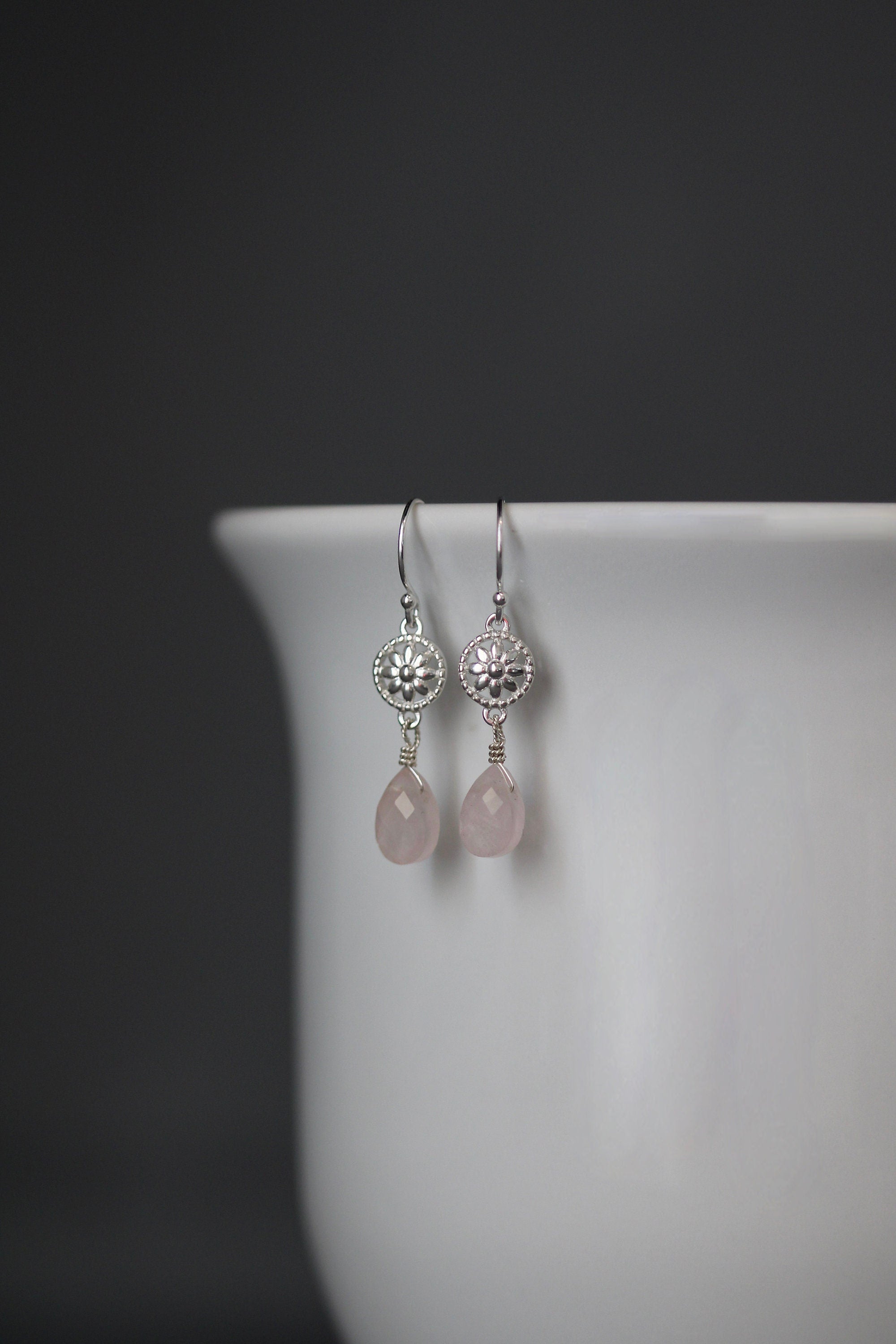Rose Quartz Teardrop Earrings on Bali Silver Flower Links