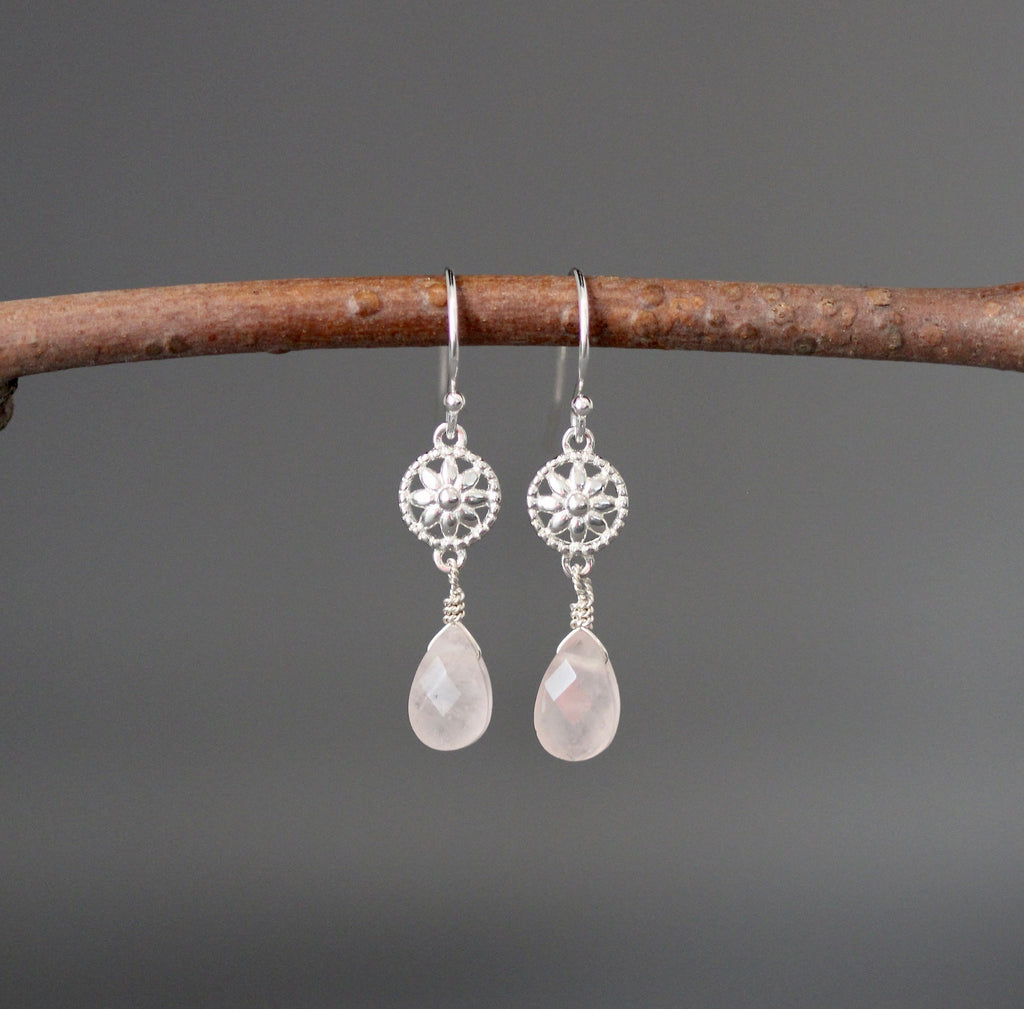 Rose Quartz Teardrop Earrings on Bali Silver Flower Links