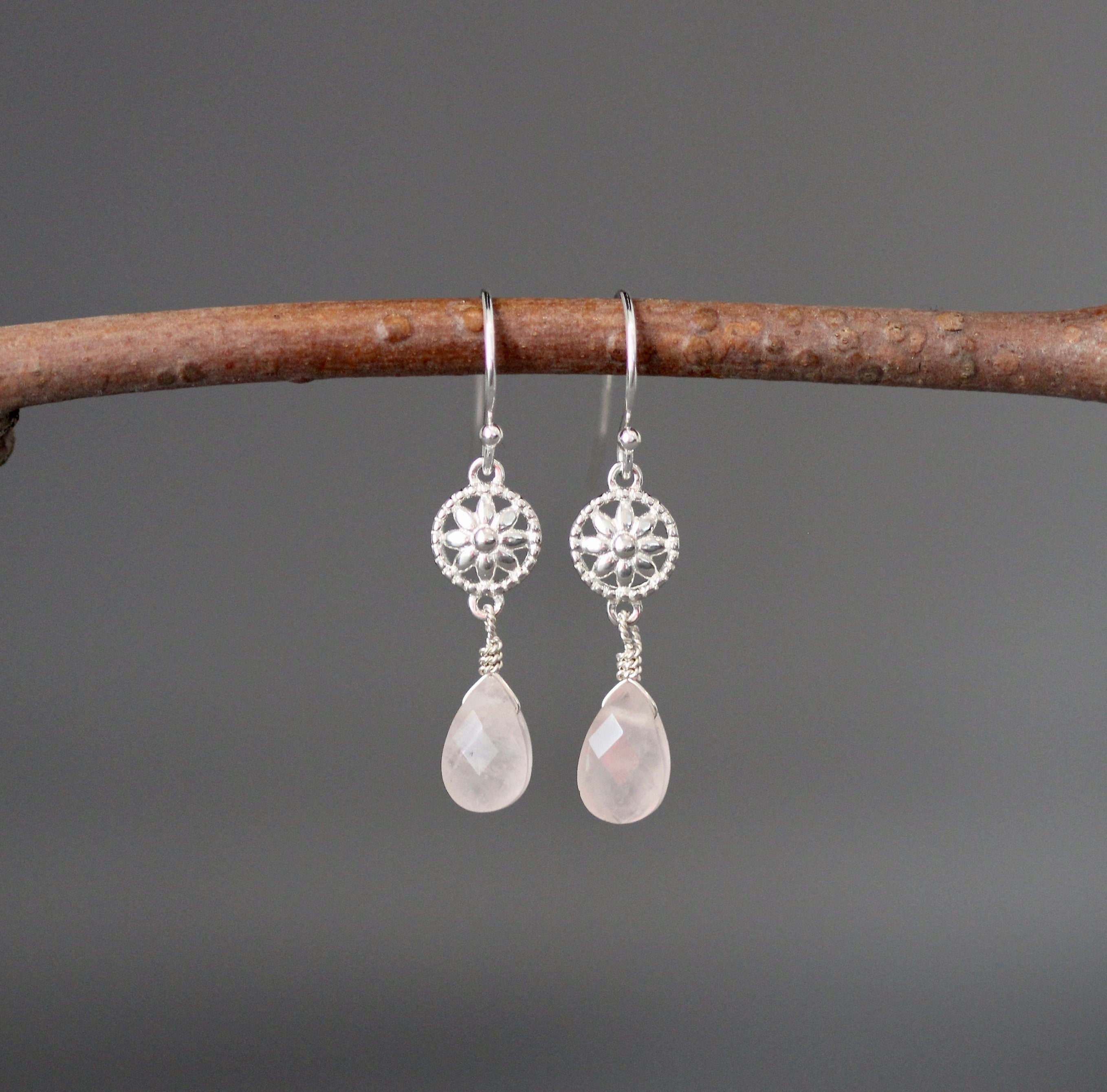 Rose Quartz Teardrop Earrings on Bali Silver Flower Links