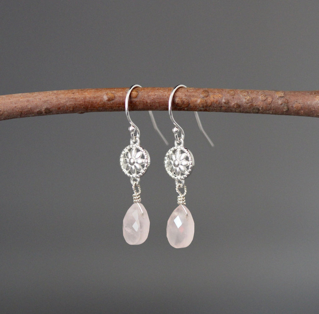 Rose Quartz Teardrop Earrings on Bali Silver Flower Links