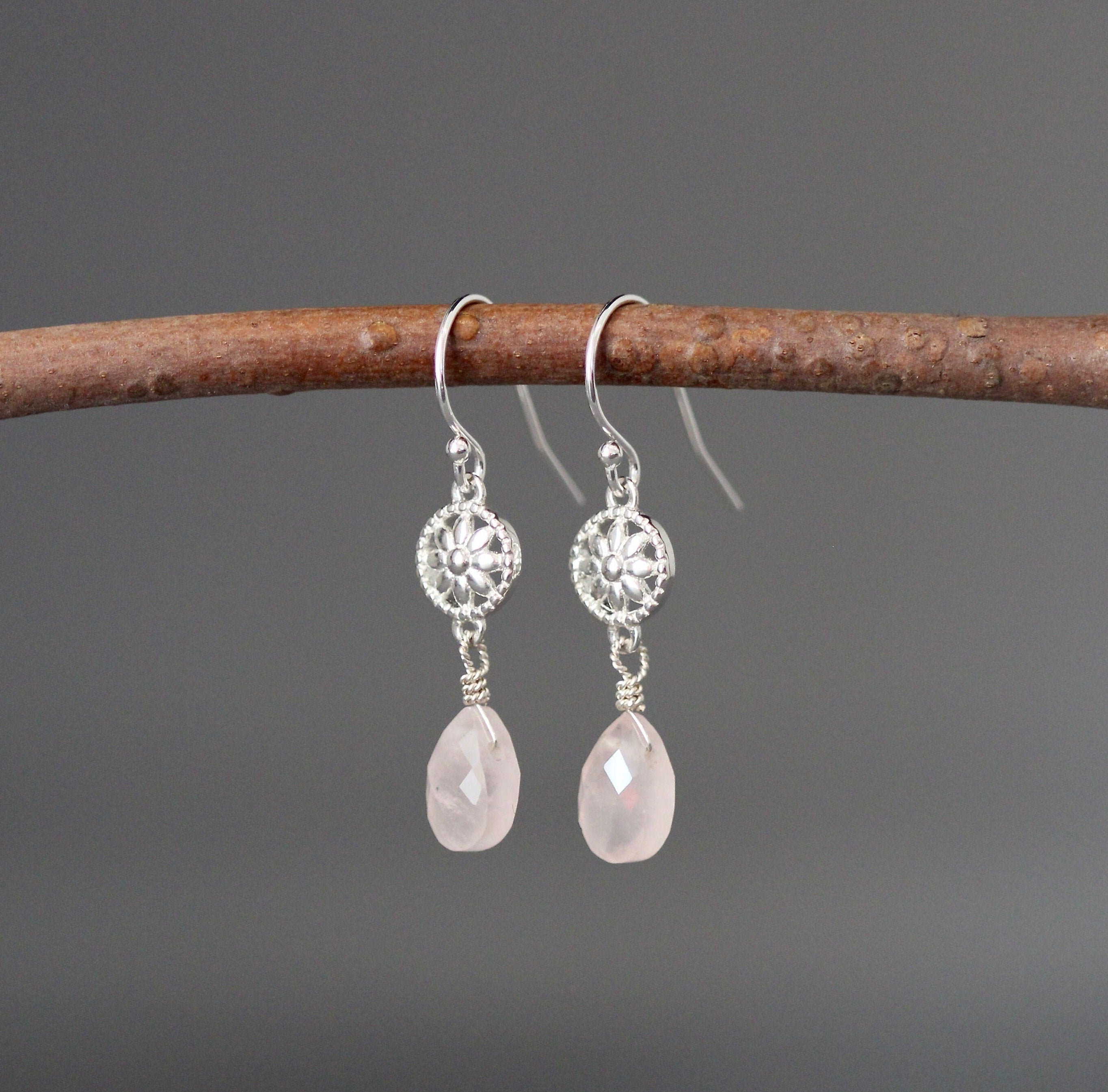 Rose Quartz Teardrop Earrings on Bali Silver Flower Links
