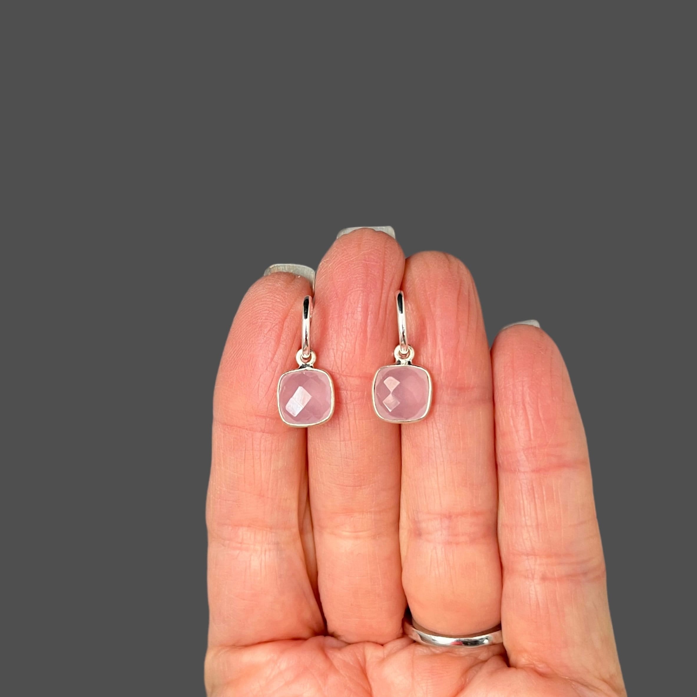 Rose Quartz Bezel Charm Earrings on Delicate Sterling Silver Post Hoops