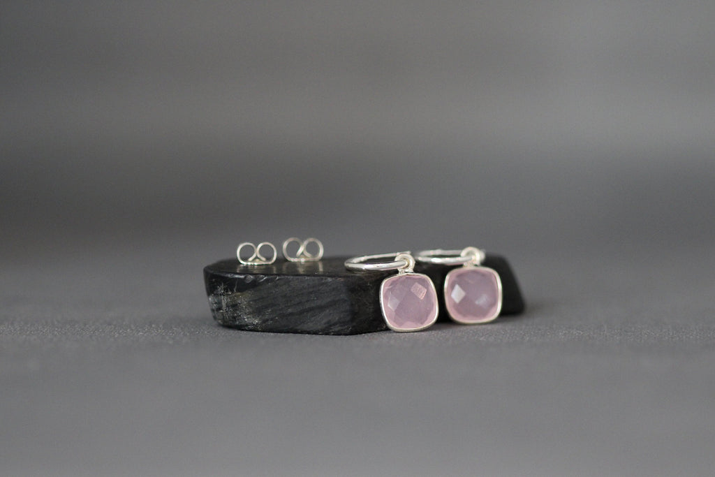 Rose Quartz Bezel Charm Earrings on Delicate Sterling Silver Post Hoops