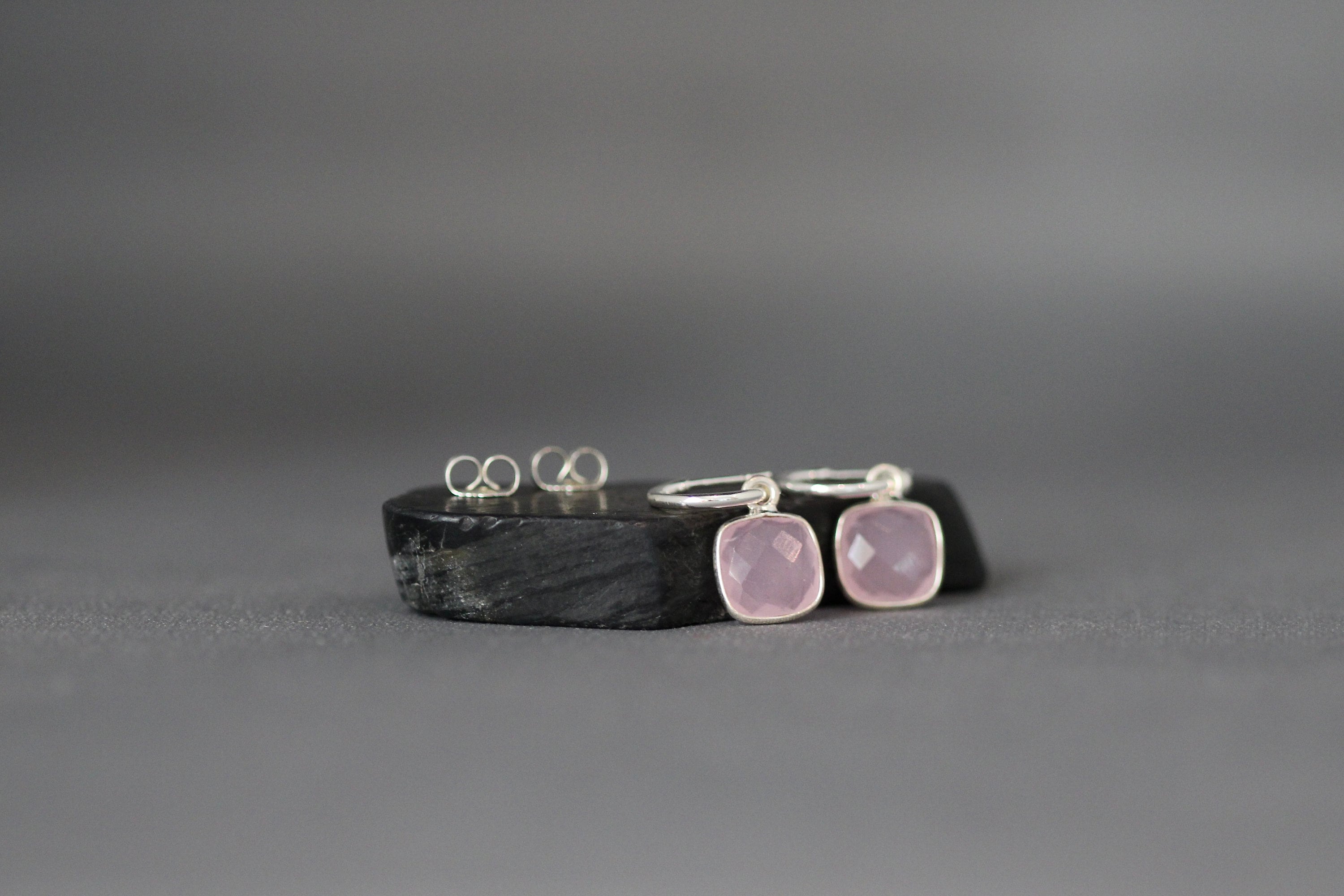 Rose Quartz Bezel Charm Earrings on Delicate Sterling Silver Post Hoops