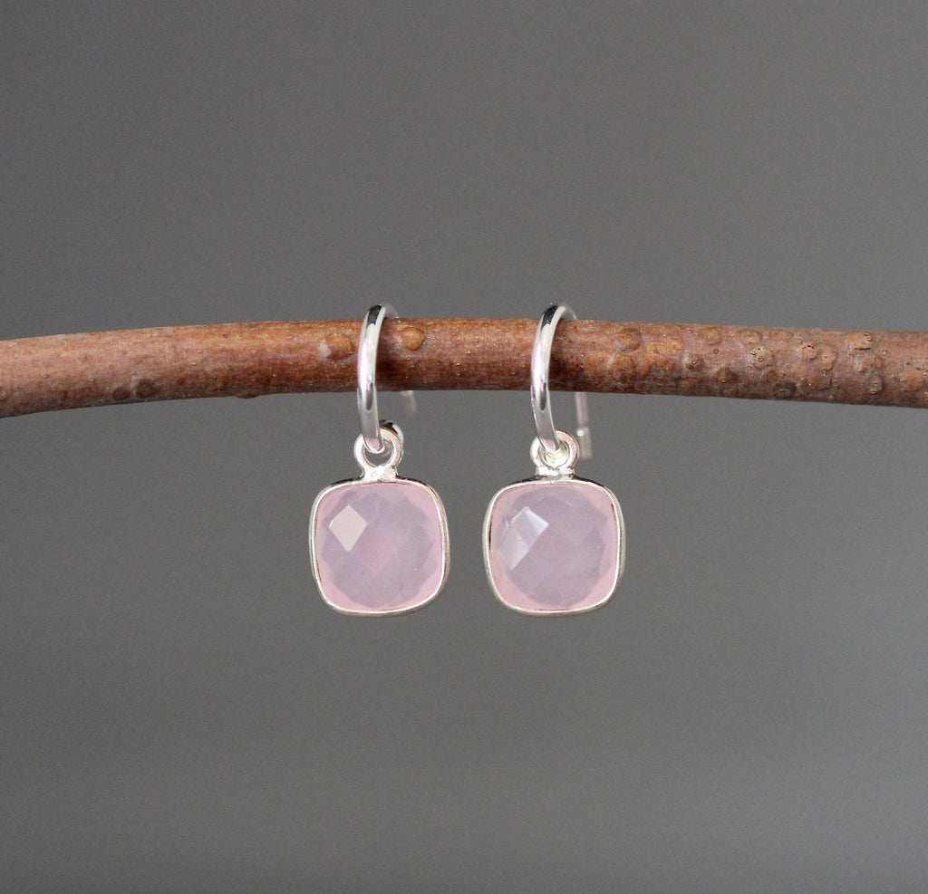 Rose Quartz Bezel Charm Earrings on Delicate Sterling Silver Post Hoops