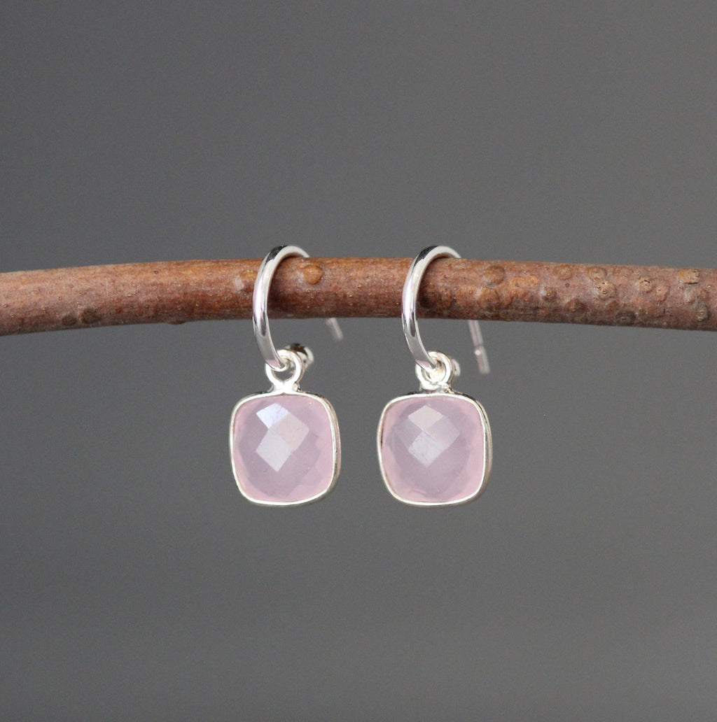 Rose Quartz Bezel Charm Earrings on Delicate Sterling Silver Post Hoops