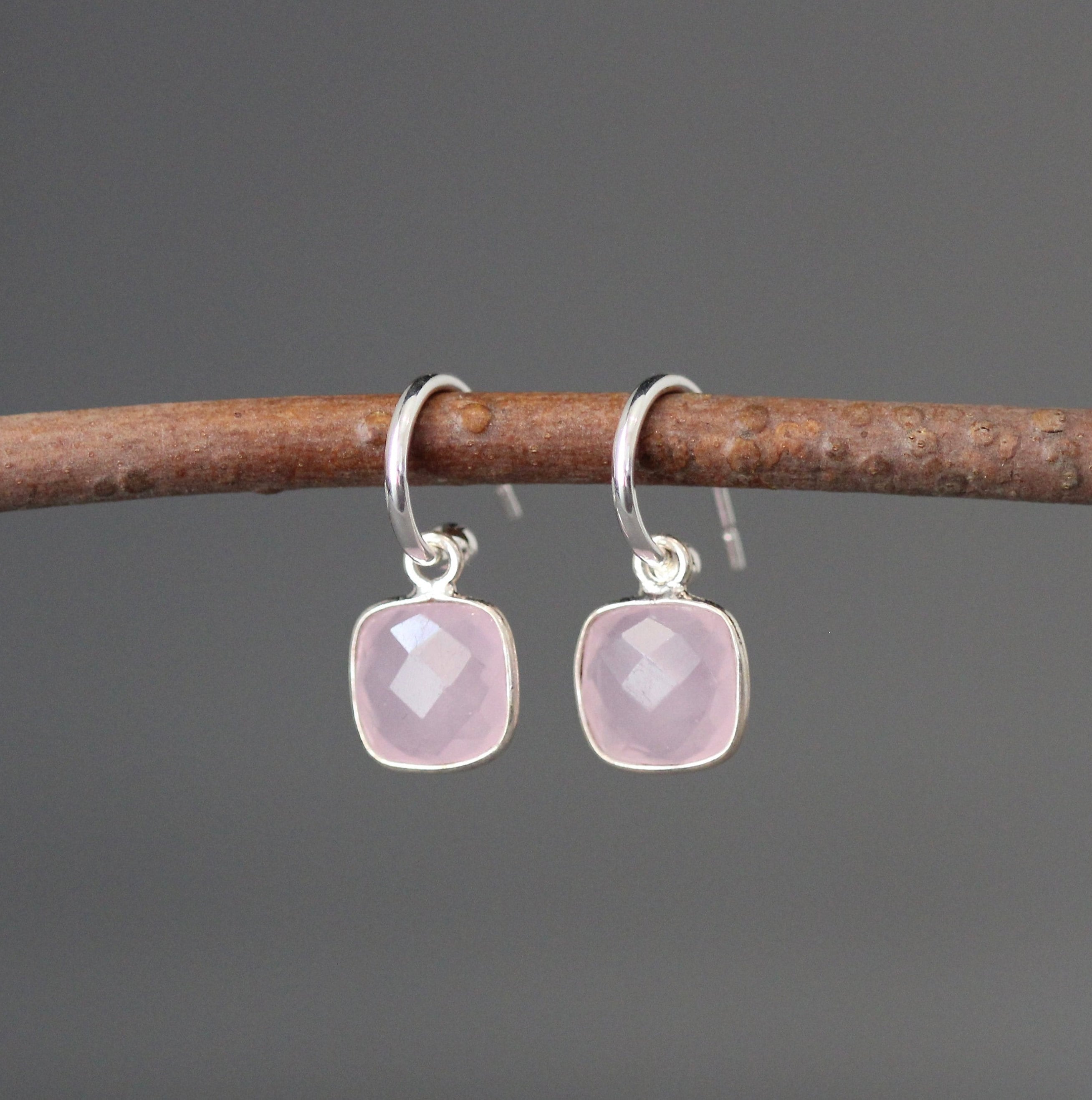 Rose Quartz Bezel Charm Earrings on Delicate Sterling Silver Post Hoops