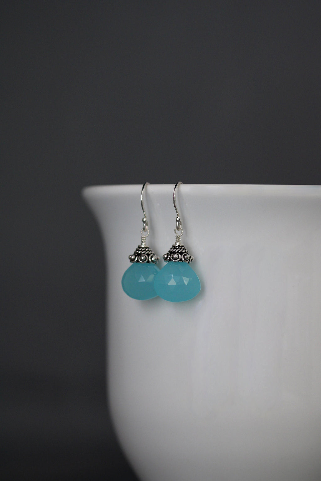 Aqua Chalcedony Teardrop Dangle Earrings with Bali Silver Caps