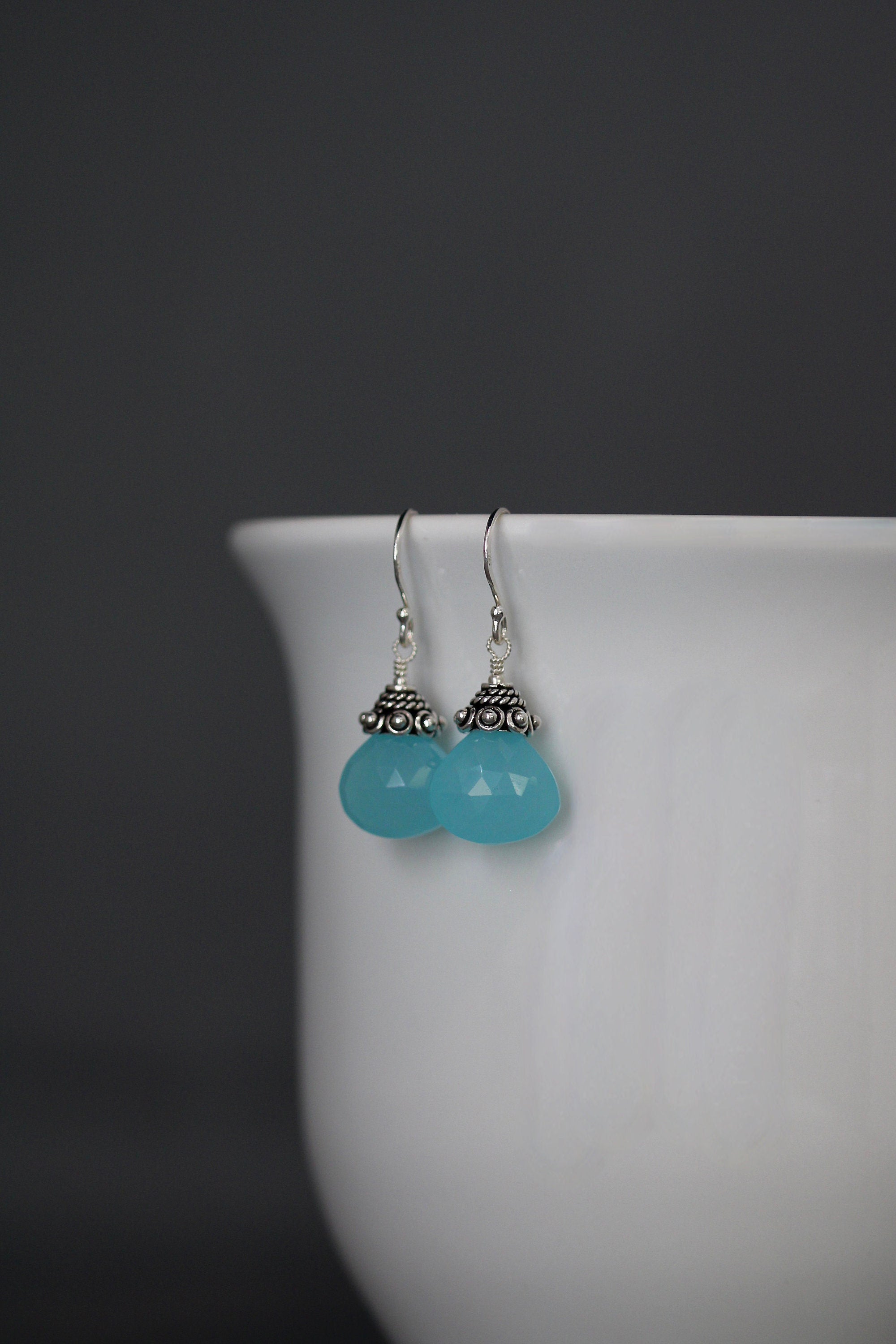 Aqua Chalcedony Teardrop Dangle Earrings with Bali Silver Caps