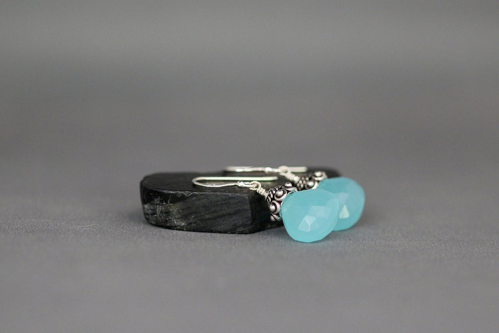 Aqua Chalcedony Teardrop Dangle Earrings with Bali Silver Caps