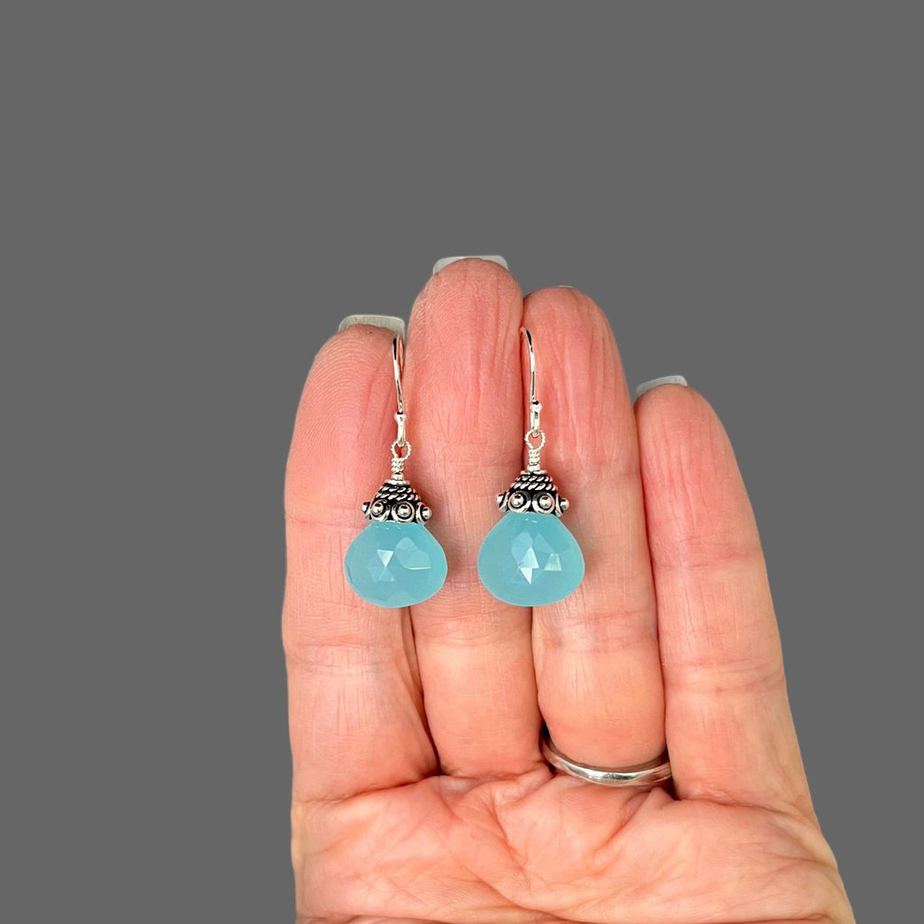 Aqua Chalcedony Teardrop Dangle Earrings with Bali Silver Caps