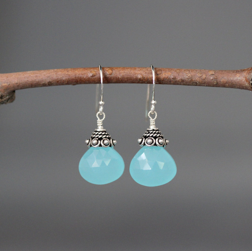 Aqua Chalcedony Teardrop Dangle Earrings with Bali Silver Caps
