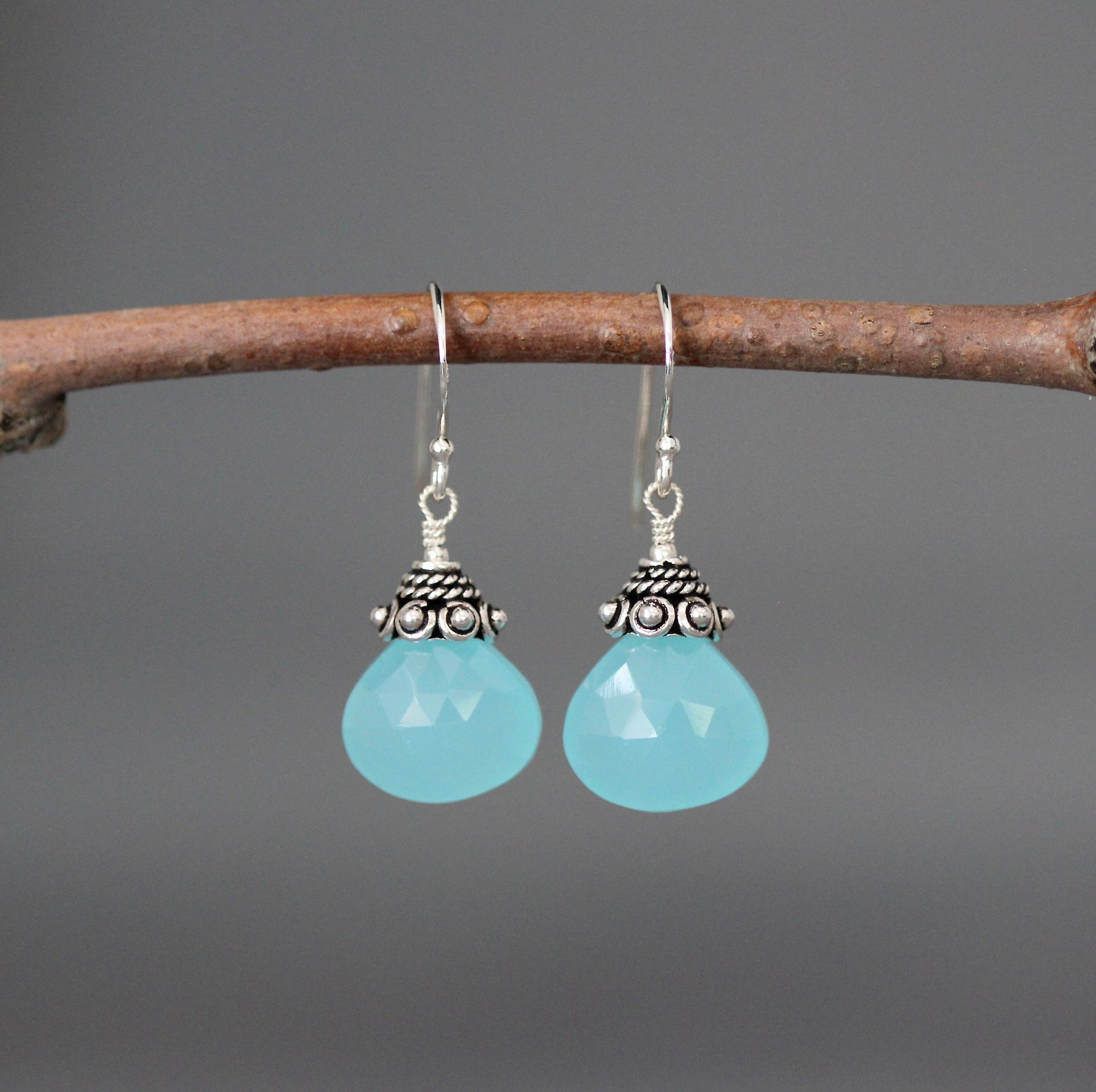 Aqua Chalcedony Teardrop Dangle Earrings with Bali Silver Caps