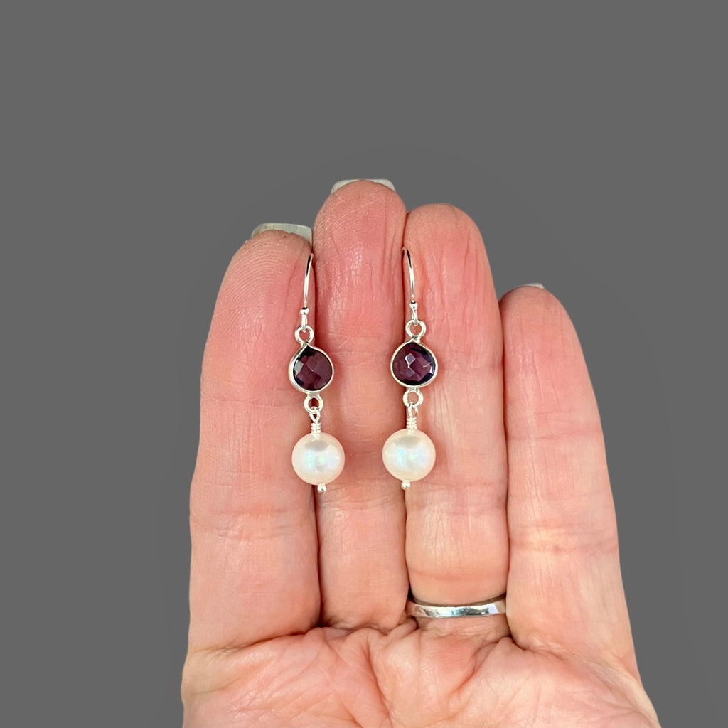 Freshwater Pearl and Amethyst Quartz Bezel Dangle Earrings