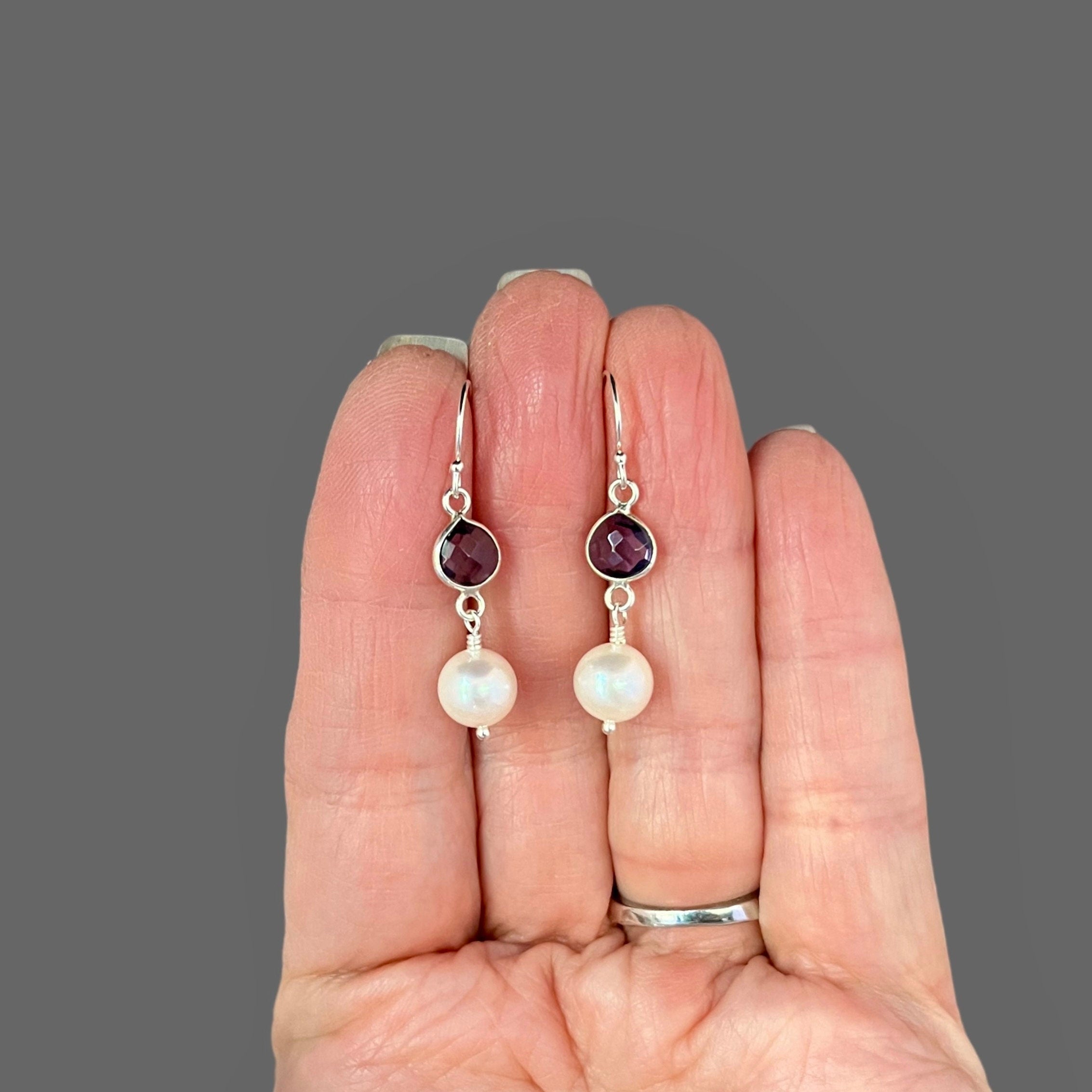 Freshwater Pearl and Amethyst Quartz Bezel Dangle Earrings