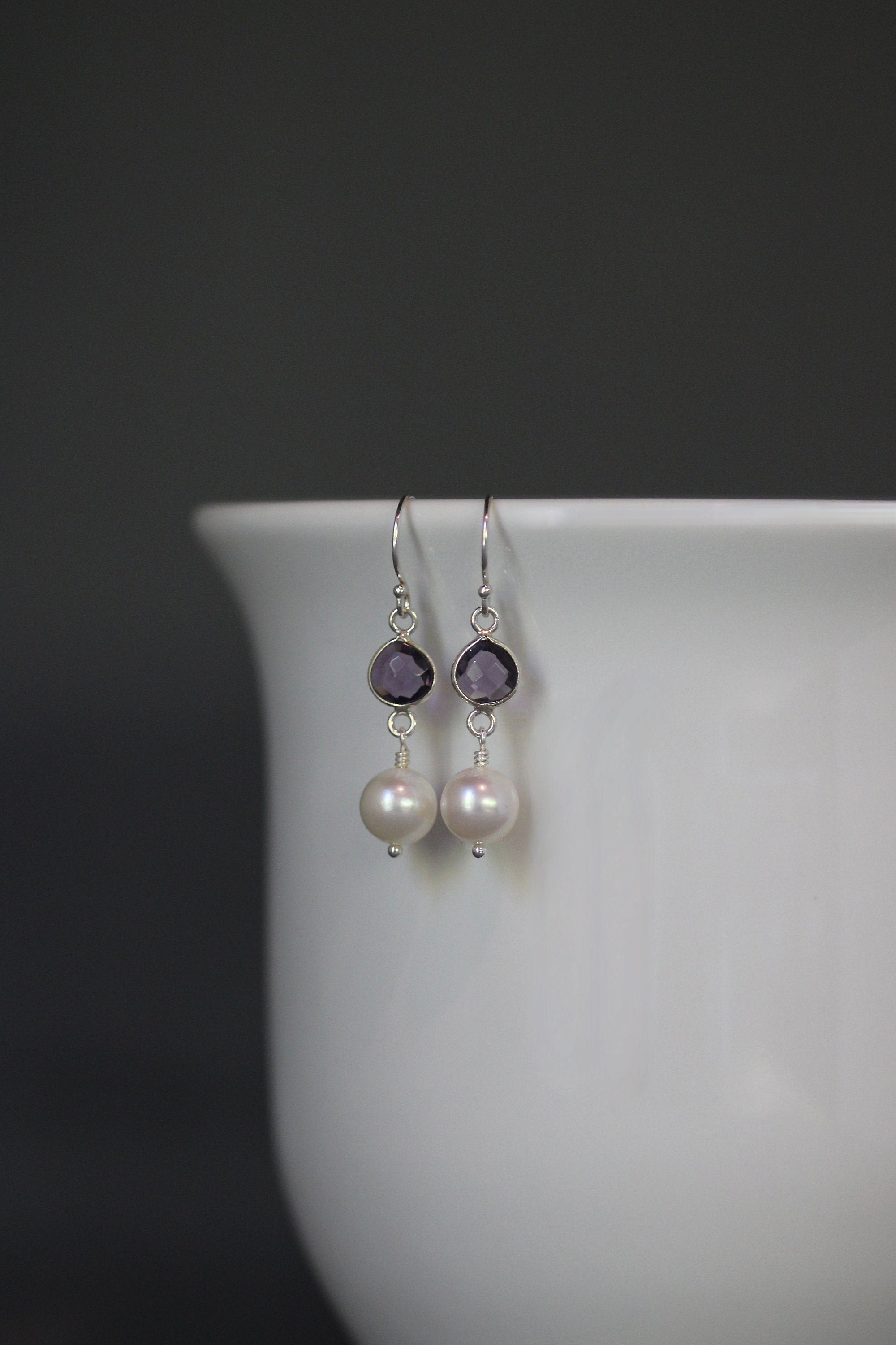 Freshwater Pearl and Amethyst Quartz Bezel Dangle Earrings