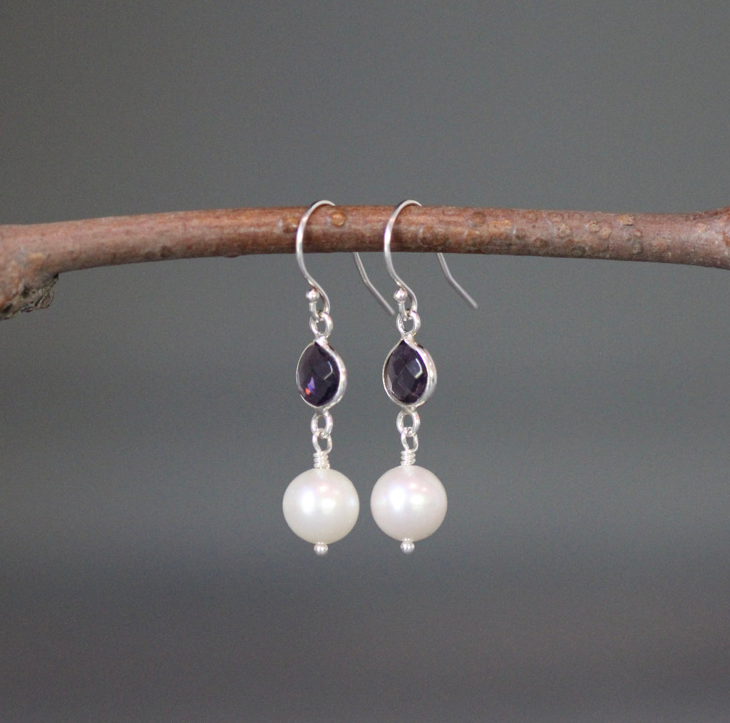 Freshwater Pearl and Amethyst Quartz Bezel Dangle Earrings