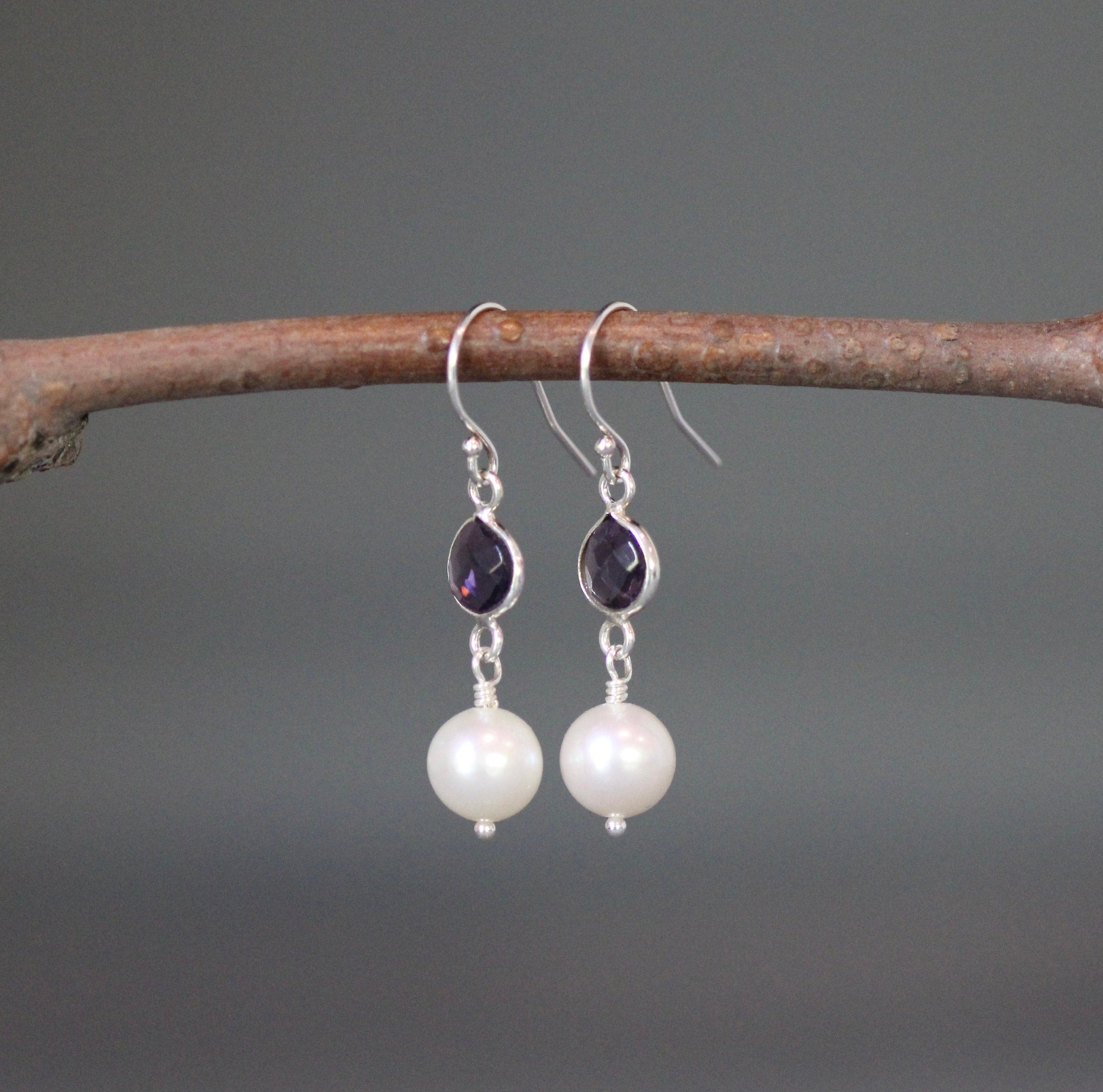 Freshwater Pearl and Amethyst Quartz Bezel Dangle Earrings